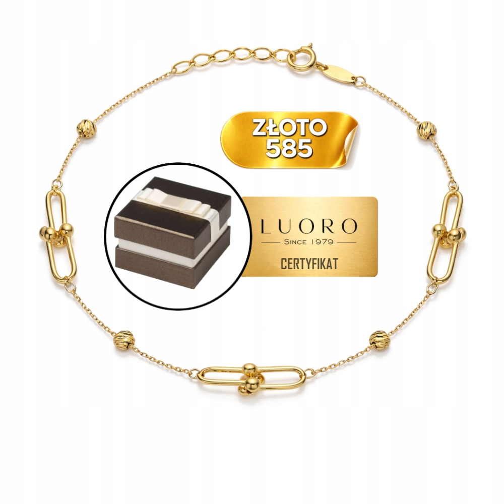 Náramek Zlatý 585 14K Články Vazba Srdcí 17 CM+2 CM Diamantové Kuličky