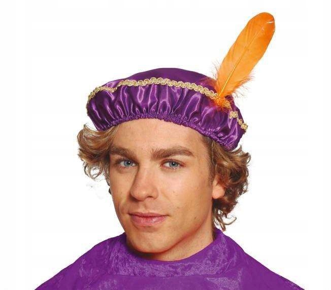 CZAPKA PAZIA FIOLETOWA Z POMARAŃCZOWYM PIÓREM