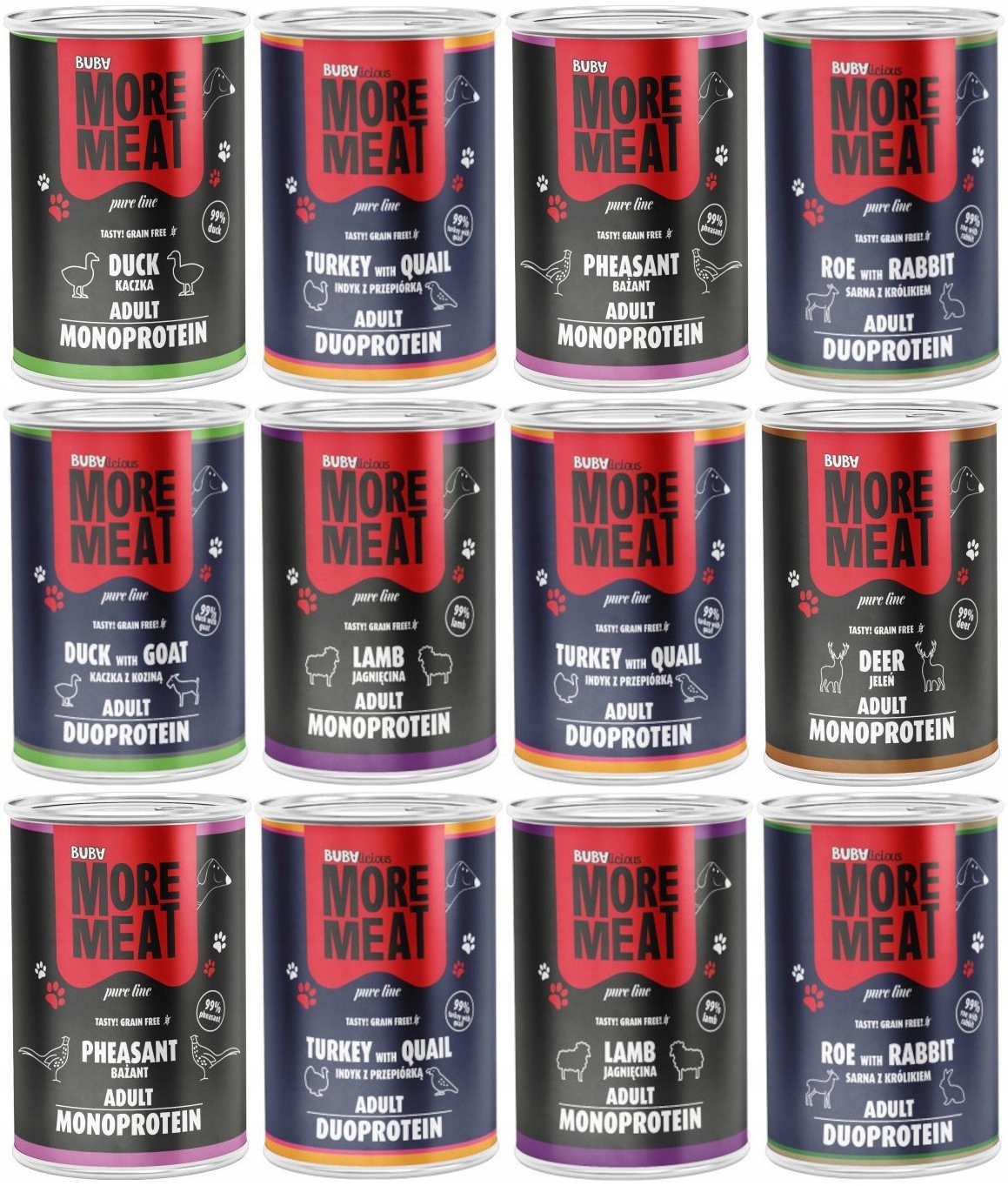 Mokra karma dla psa Buba More Meat MIX Smaków Bezzbożowa puszka 12 x 400g