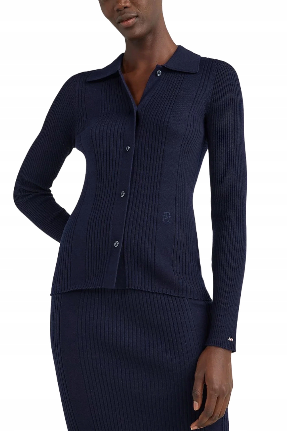 Dámský polo svetr Tommy Hilfiger přiléhavý, tmavě modrý s vlnou, velikost vel.