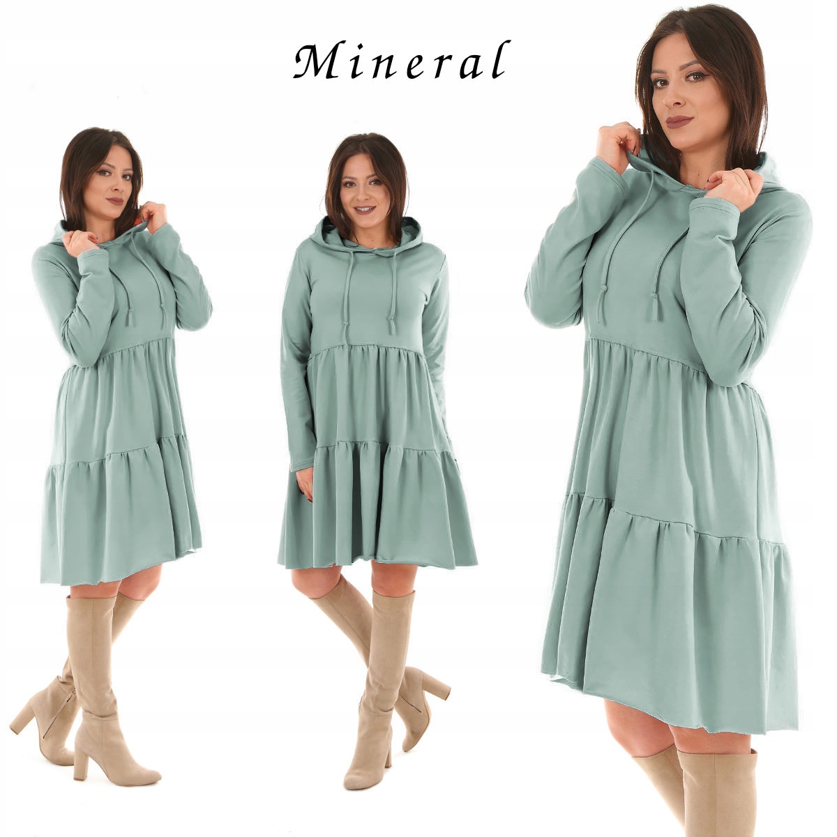 F548 Nieziemska SUKIENKA z kapturem Falbany Model F548