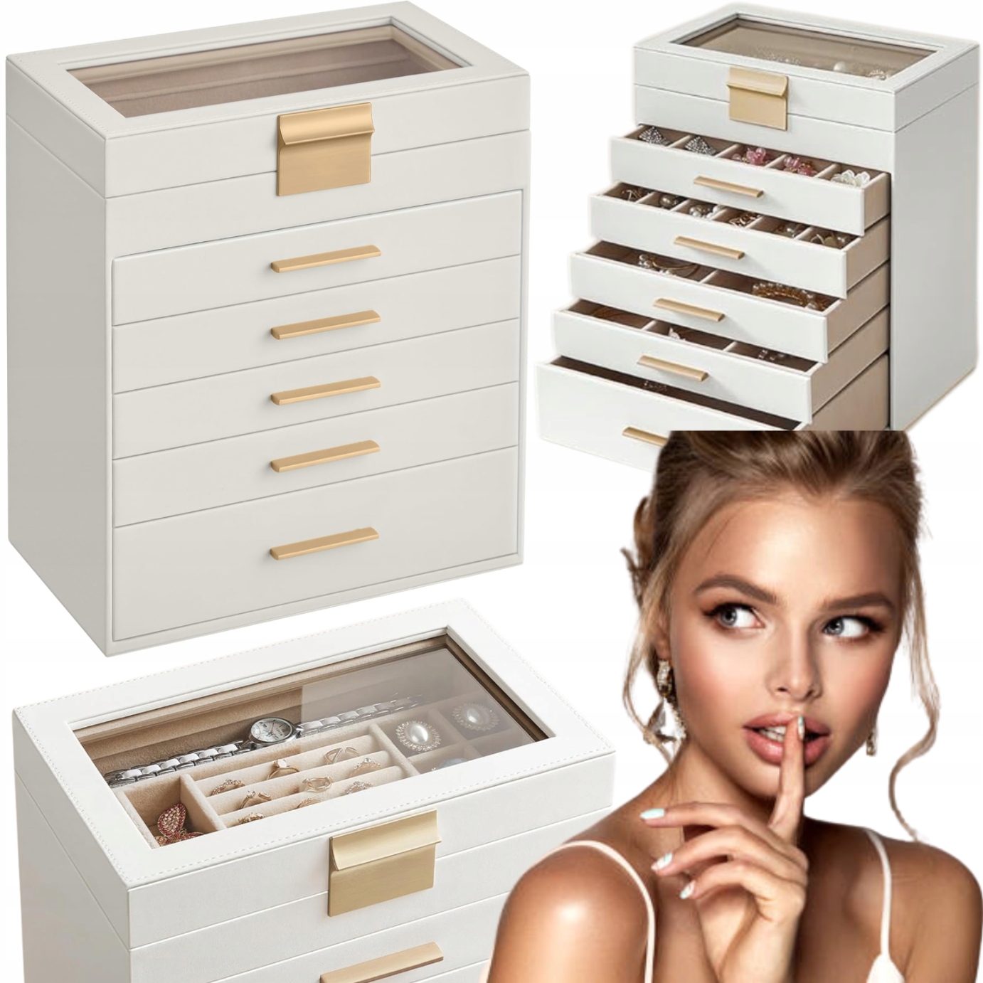 Krabička Velká krabička na šperky se sklem Organizér 6 úrovní Bílá