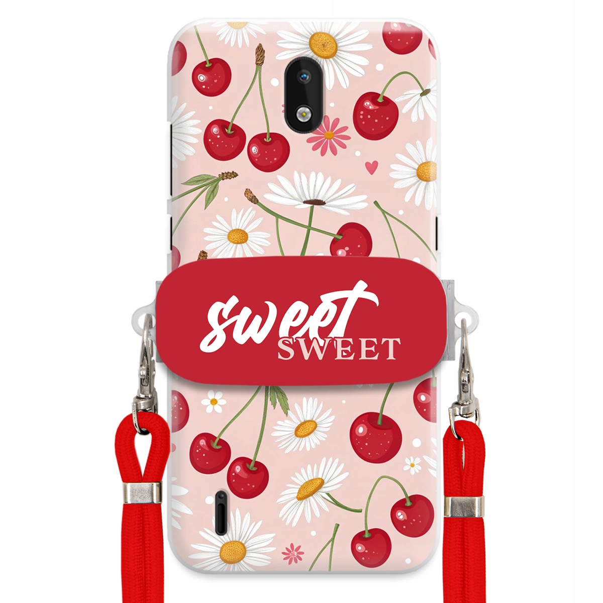 Puzdro pre Nokia 1.3 Červené vodítko držiak Sweet Sweet Čerešňa a sedmokráska