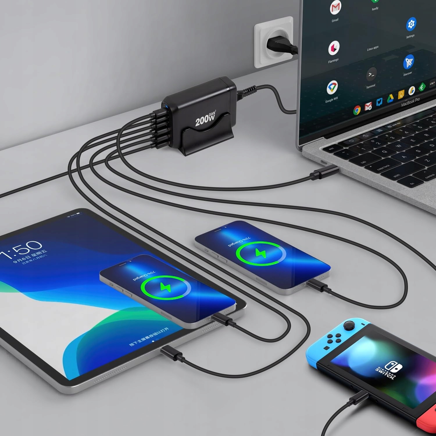 Ładowarka USB C 200 W, wielokrotna, 6 portów GaN III SZYBKA 200W — miniatura 6