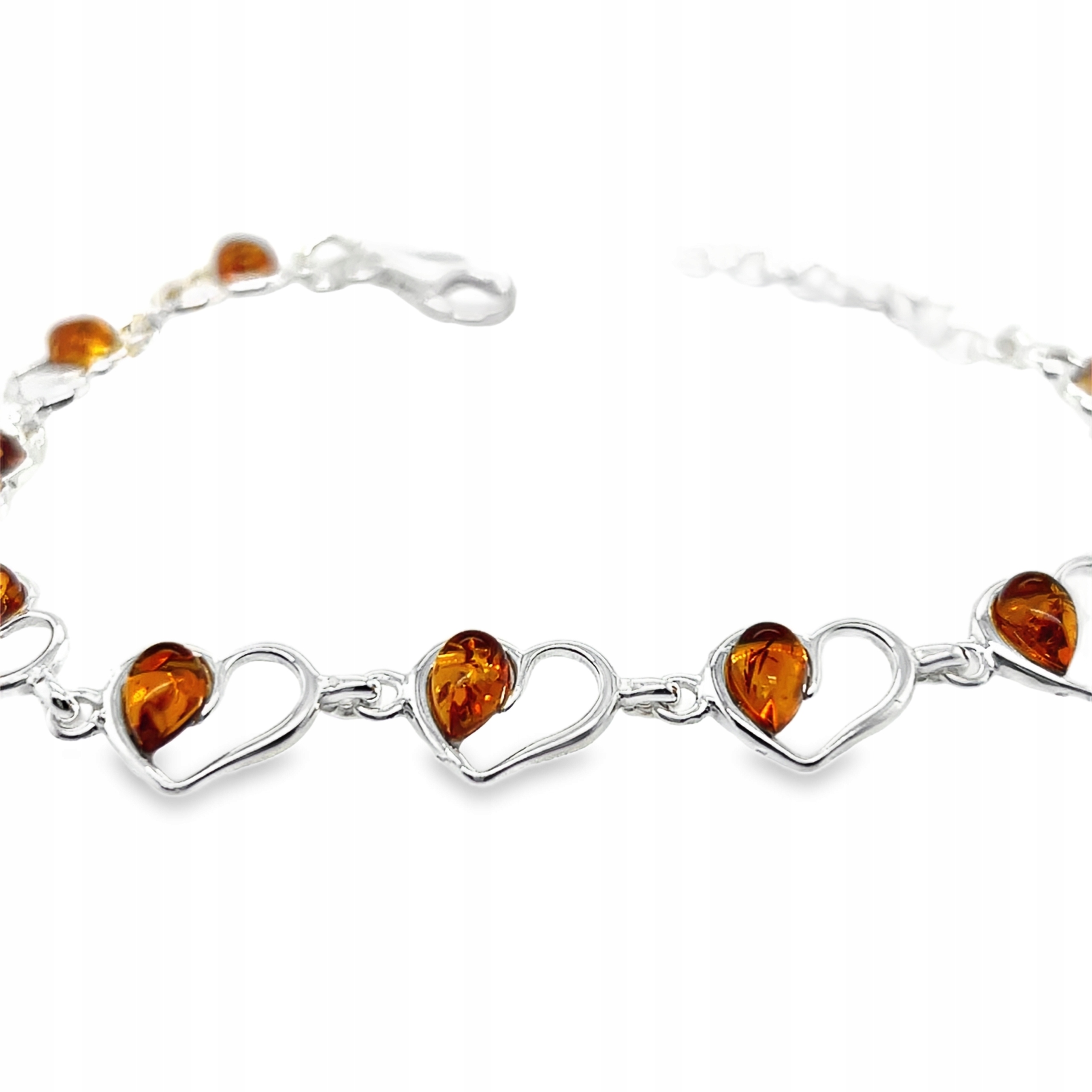 Stříbrný náramek s baltským jantarem stříbro 925, srdce koňakové