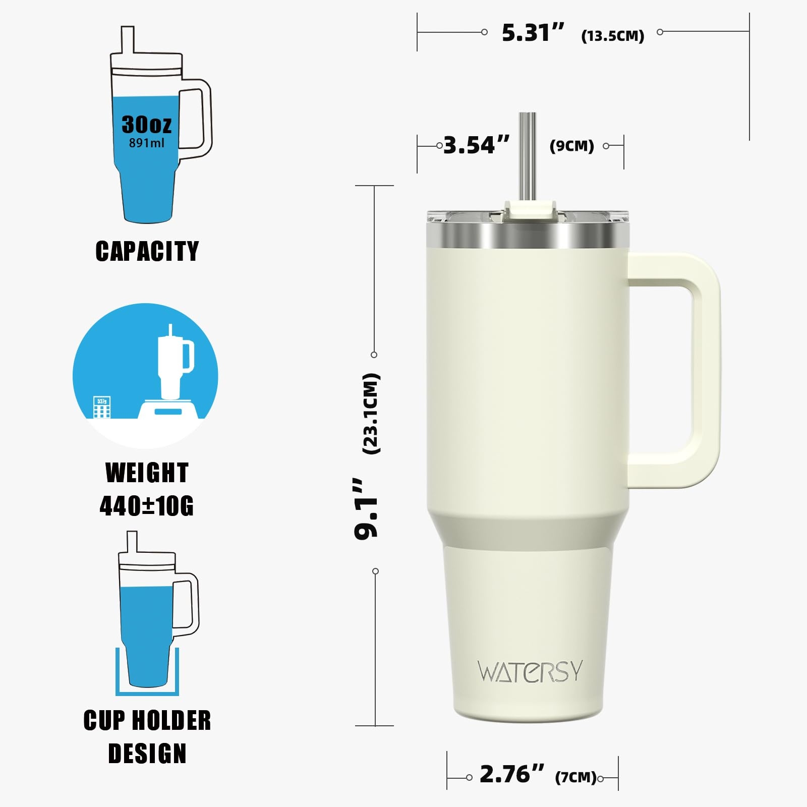 WATERSY KUBEK TERMICZNY 891ML STAL NIERDZEWNA Z UCHEM I SŁOMKĄ BEŻOWY — miniatura 6