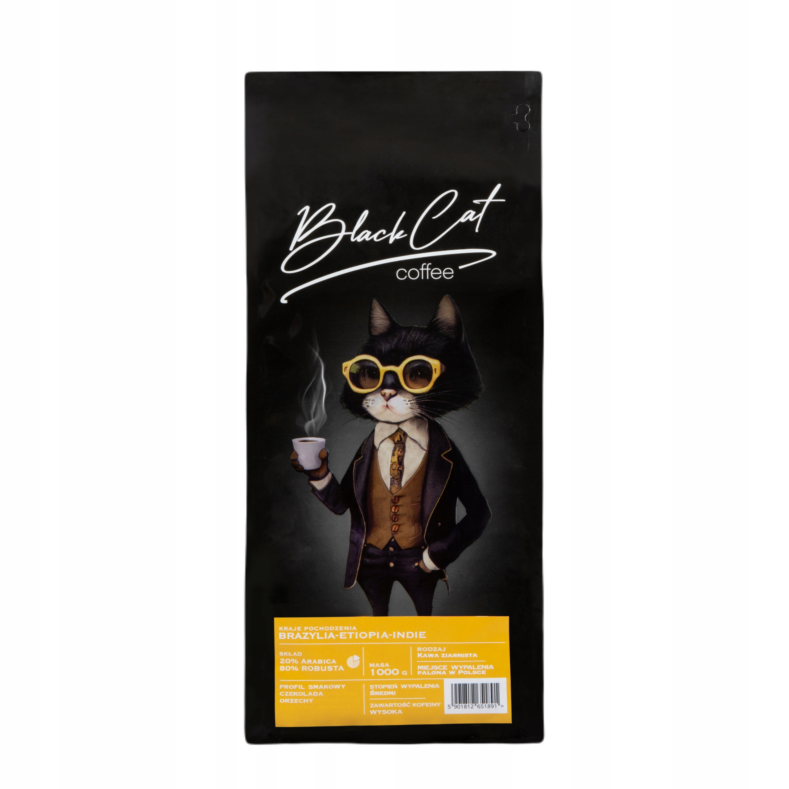 Levně Káva zrnková Black Cat 20 Arabica 80 Robusta 1000 g Blend Brazílie Etiopie