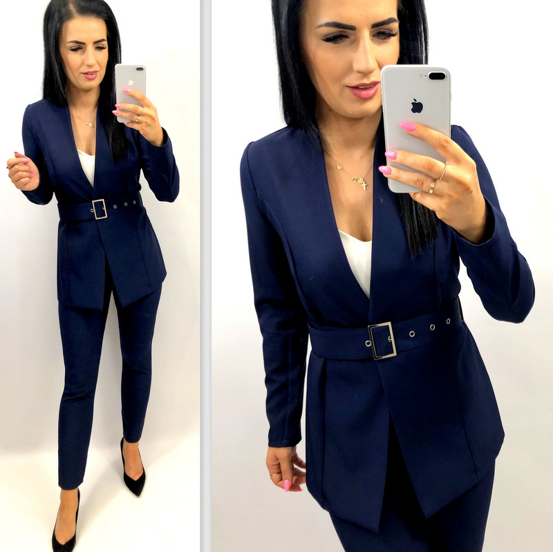 Garnitur damski z paskiem i klamrą CZARNY L Kolor czarny