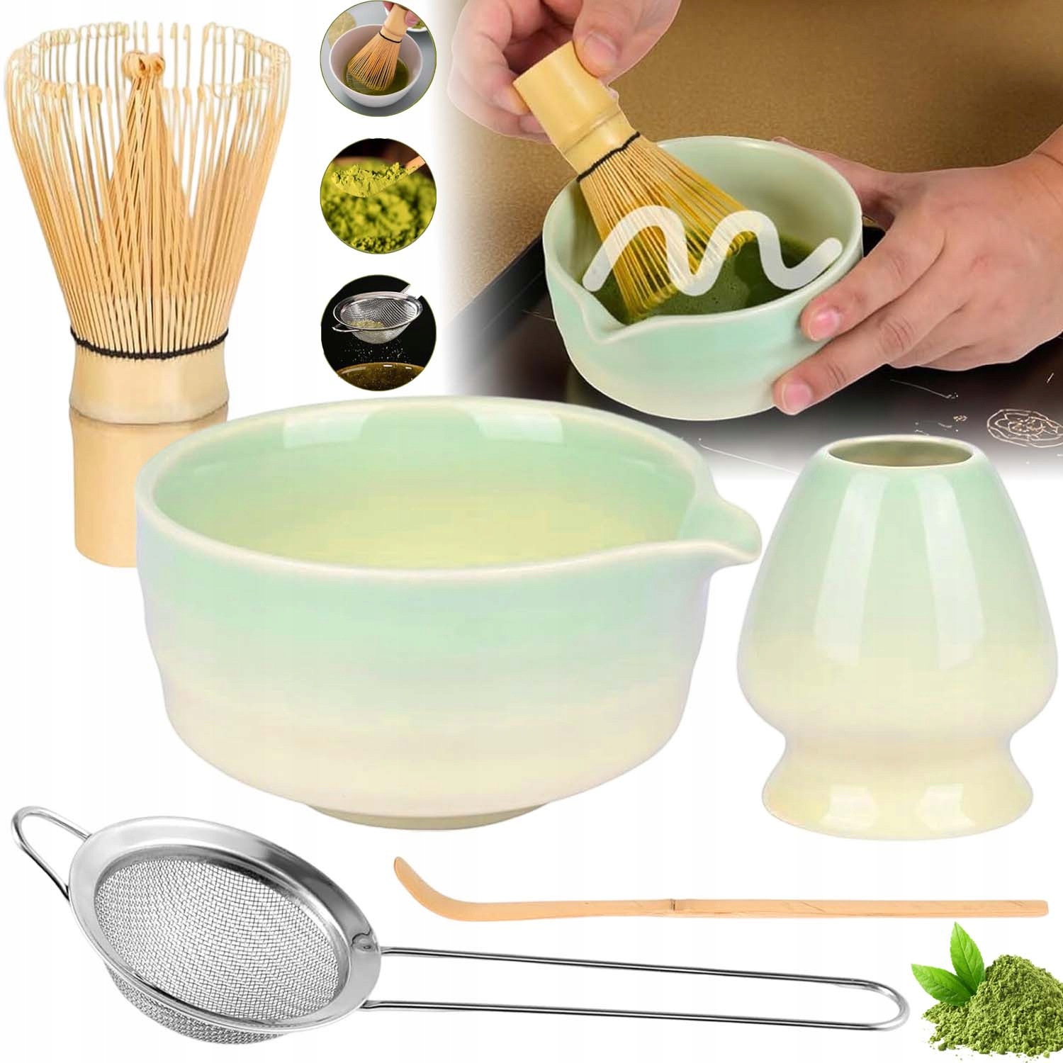 Levně Sada Čaj Matcha Japonská Matchy Bambusová Metla Dárek 5 Ks