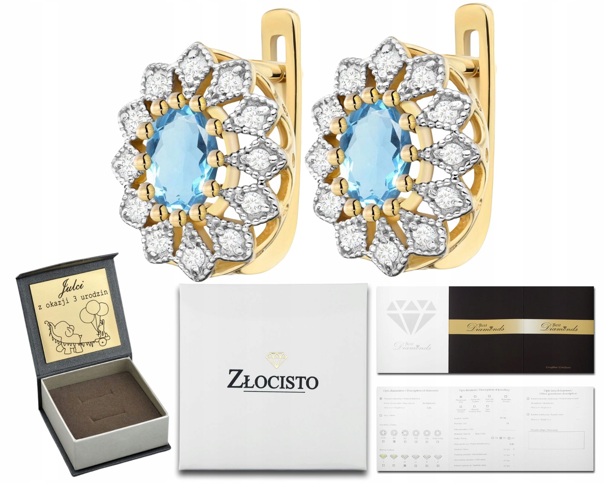 Zlaté Náušnice S Azurovými Topazy A Diamanty, Anglické Zapínání