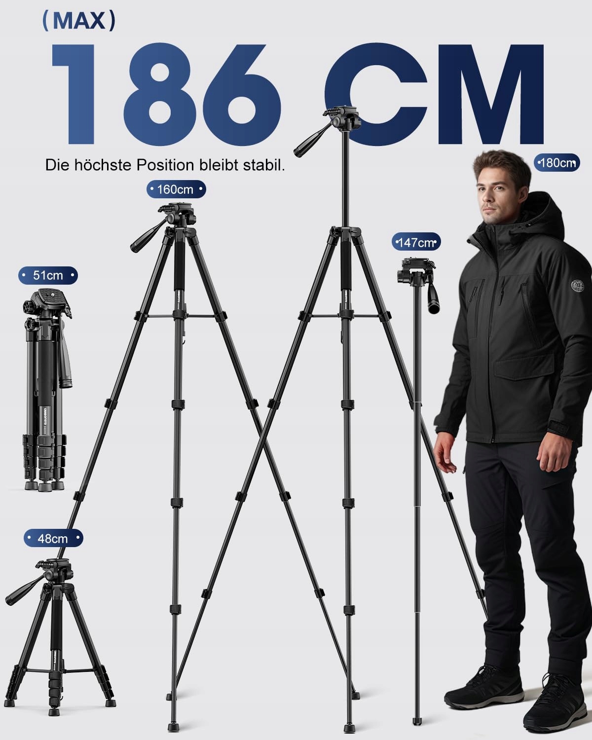CAMBOFOTO 186cm Professional Aluminum Tripod & Monopod for DSLR & Phones — miniatura 3