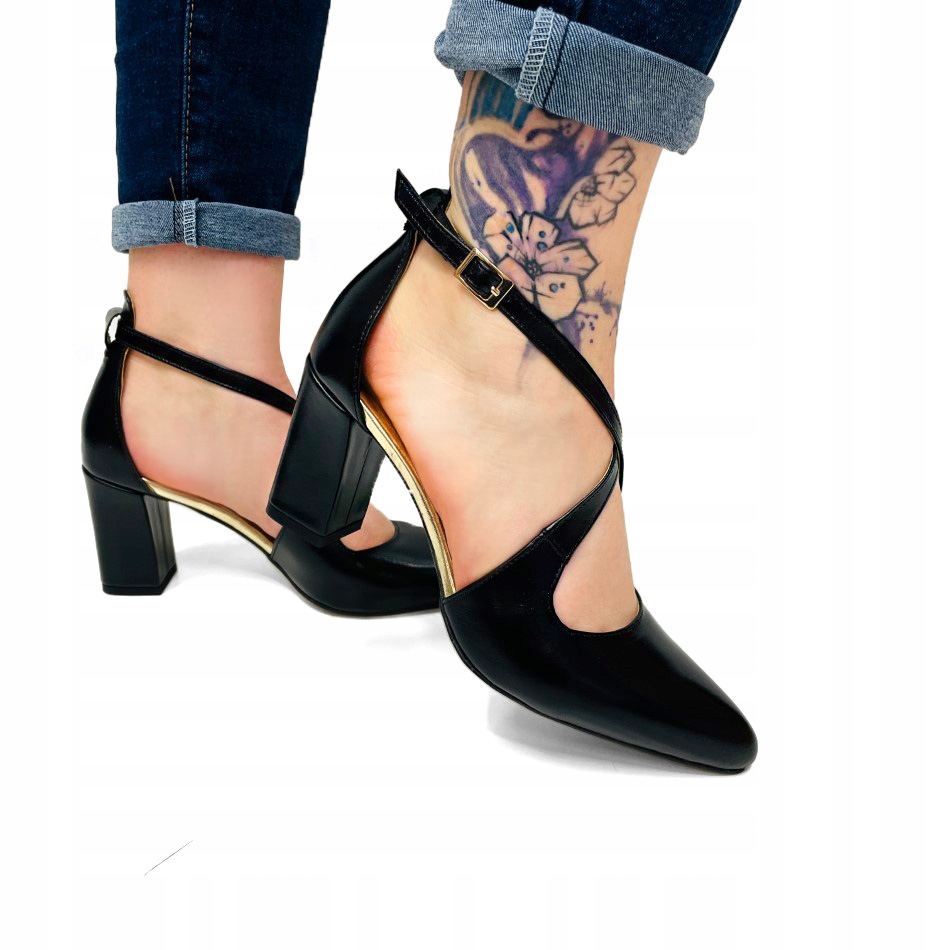 Černé Kožené Polské Pohodlné Lodičky Boty Na Podpatku Sandály 40