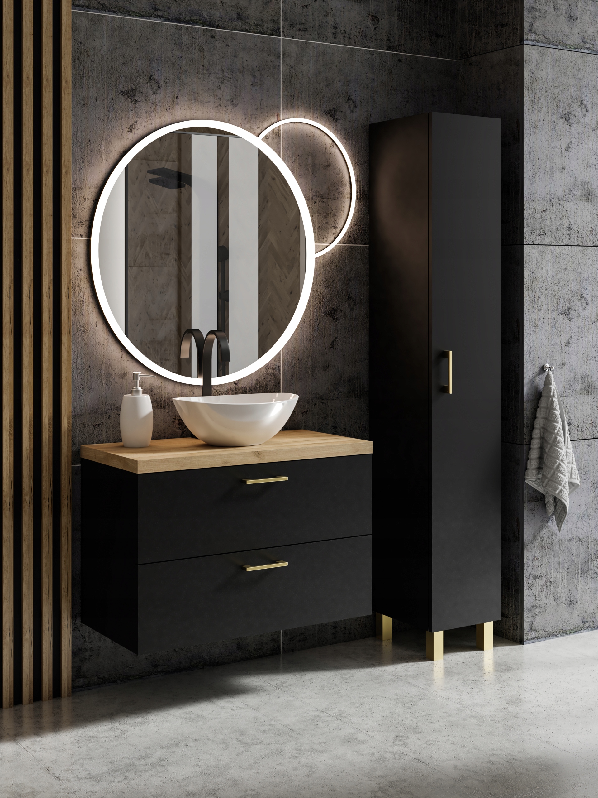 Zestaw mebli łazienkowych LUNA 80 szafka słupek umywalka komplet mebli Kolor mebla biały czarny dąb craft złoty