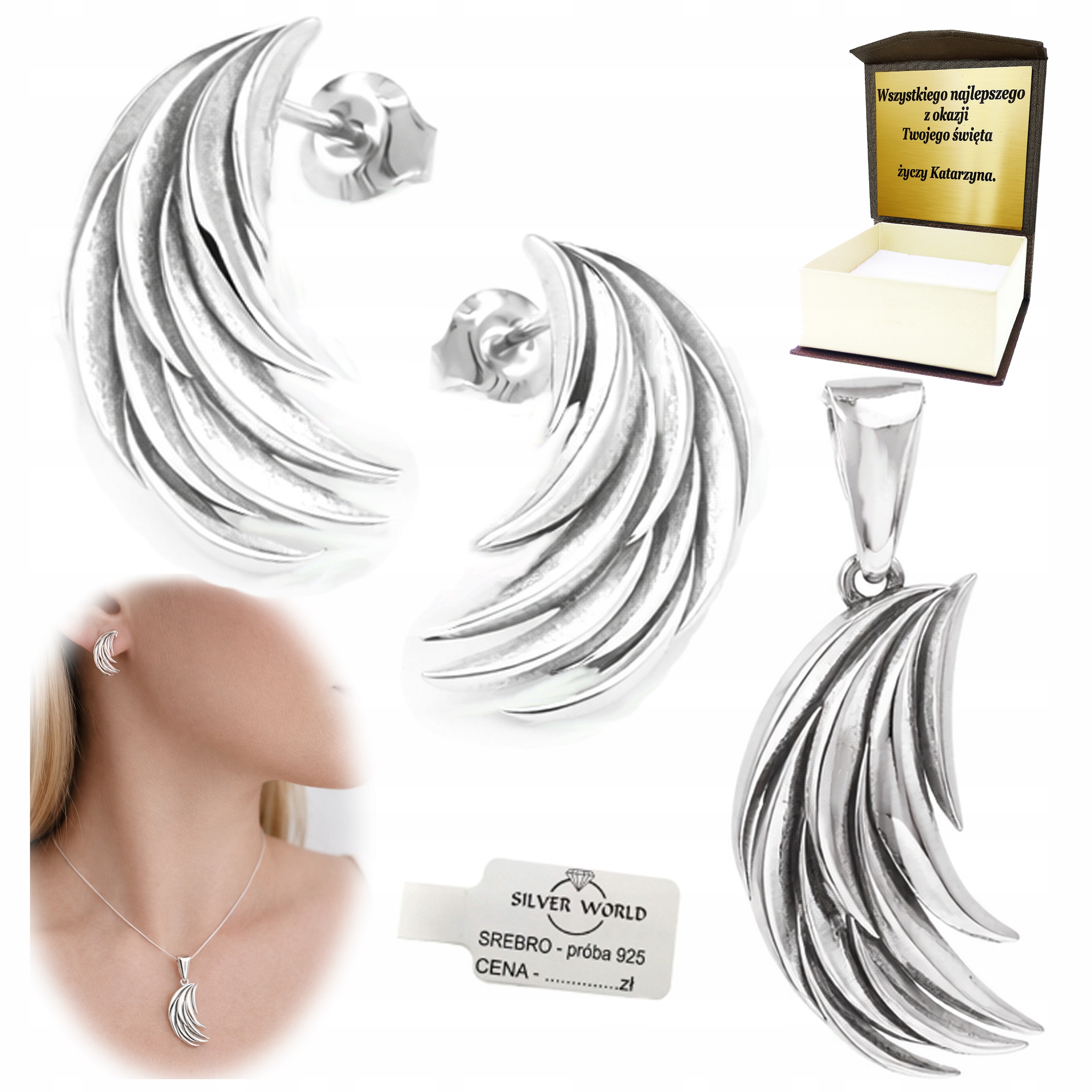 Sada Stříbrných Šperků 925 Elegantní Křídla Jako Dárek K Pouzdro Gravírování