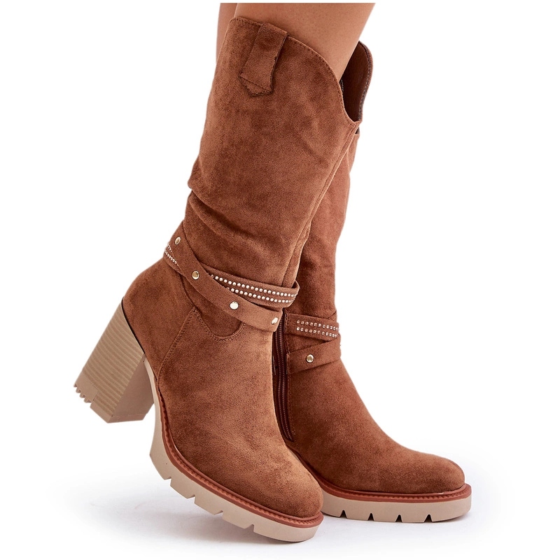 Kozačky Eko Semišové Podpatek Sloupek Na Zip Zateplené Pásky Camel 39