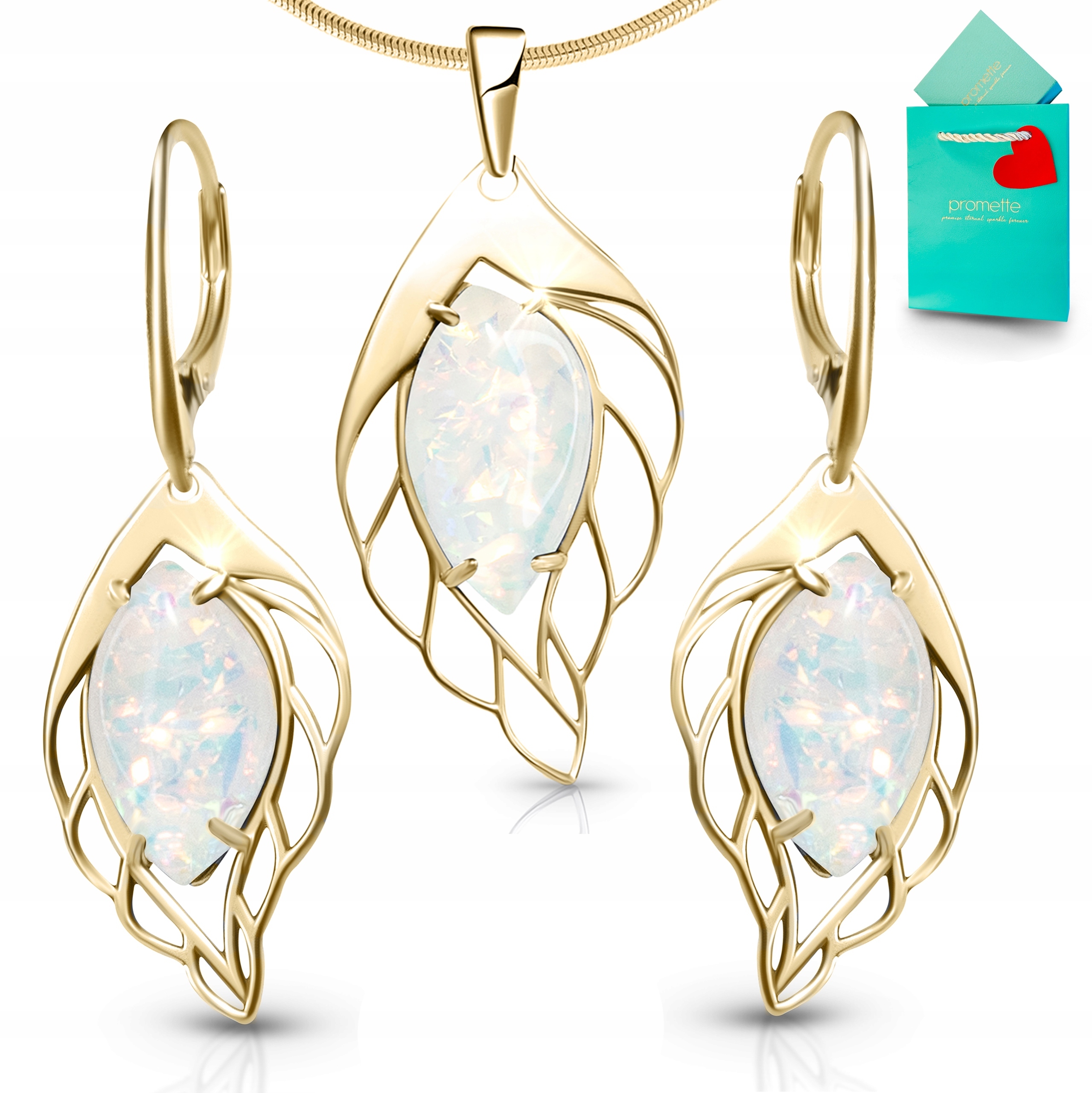 Pozlacená stříbrná souprava šperků s opálem: náušnice, přívěsek, stříbro 925