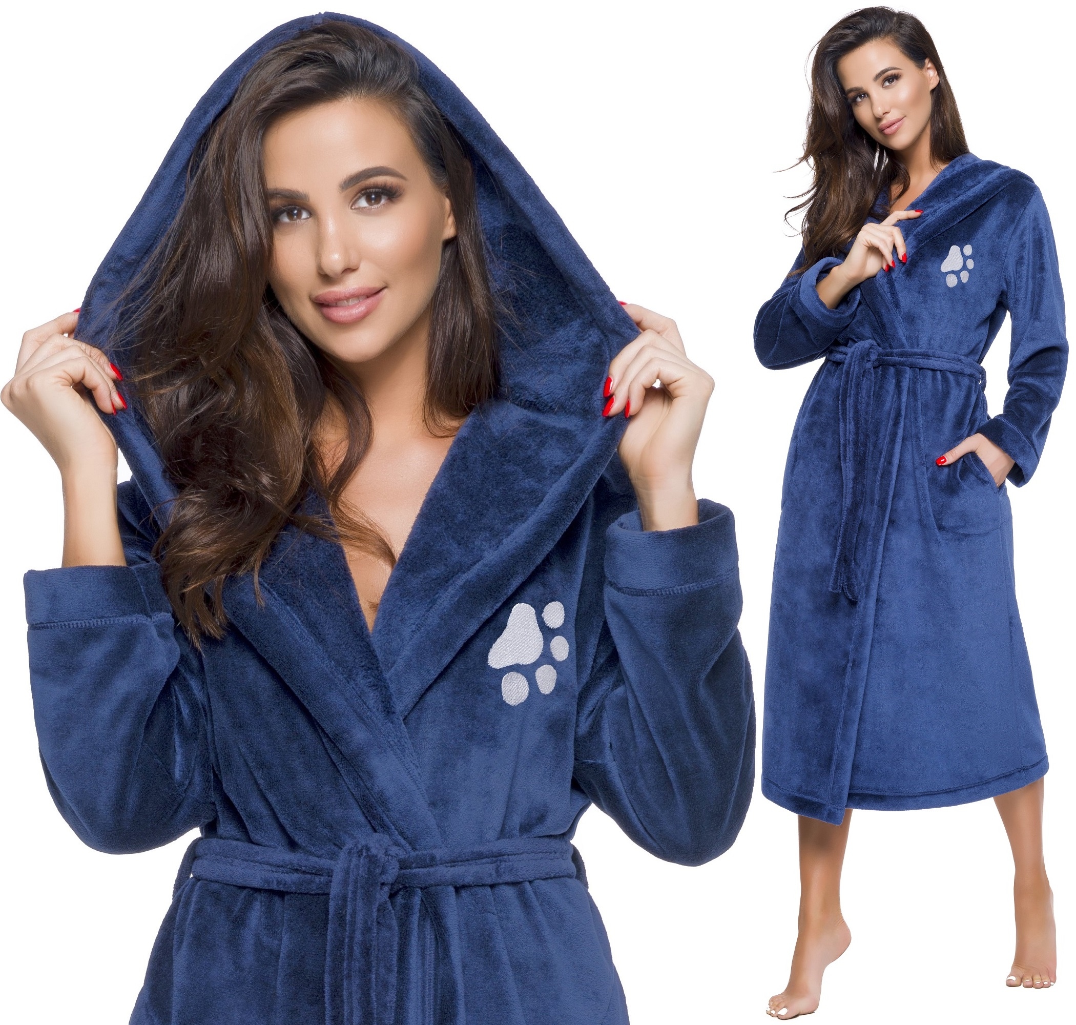 DŁUGI PUCHOWY DAMSKI SZLAFROK PODOMKA ŁAPKA S