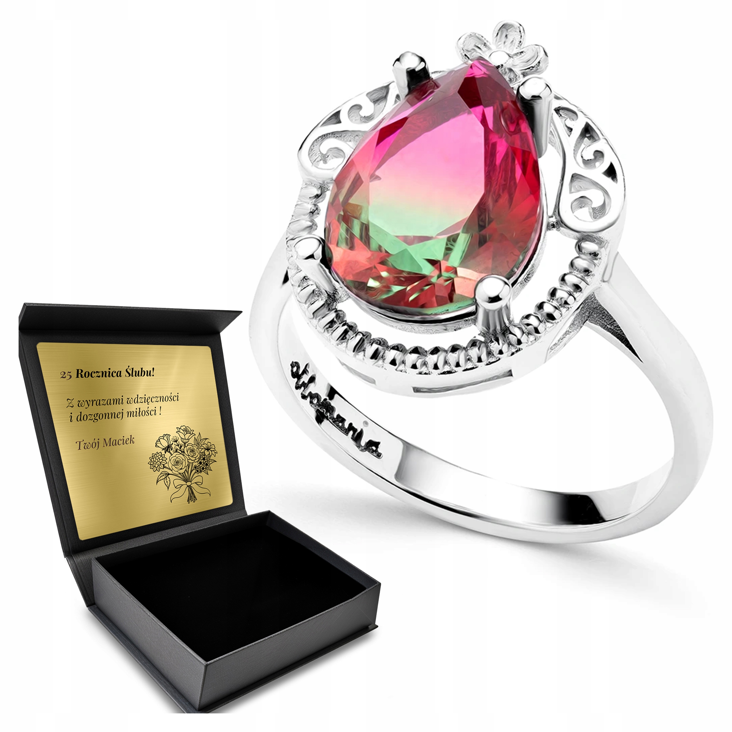 Prstýnek 925 Melounový Turmalín Dárek na Valentýna Gravírování