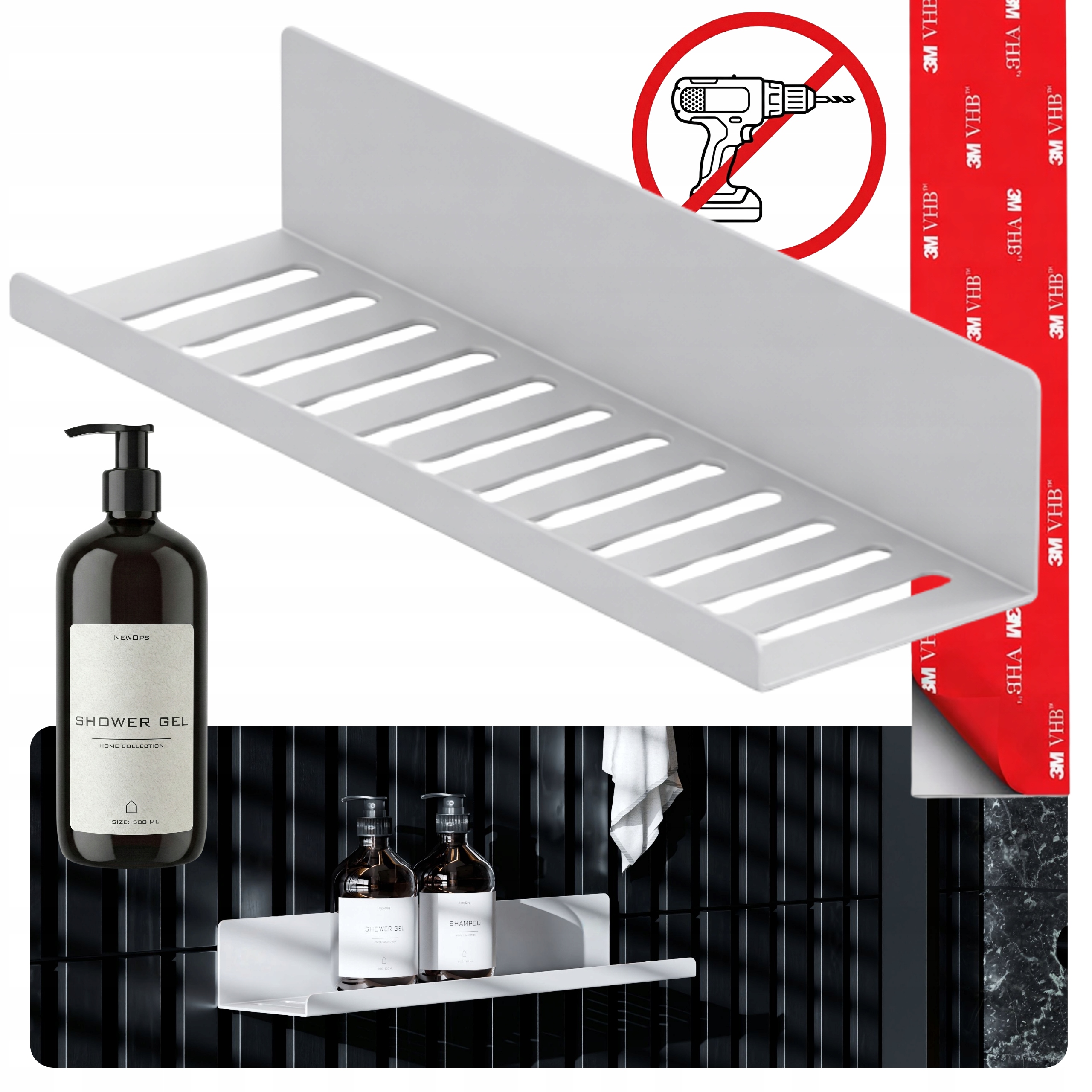 Sprchová Polička Nexa 30 cm Bezinvazivní Bez Vrtání 3M Vhb Láhev