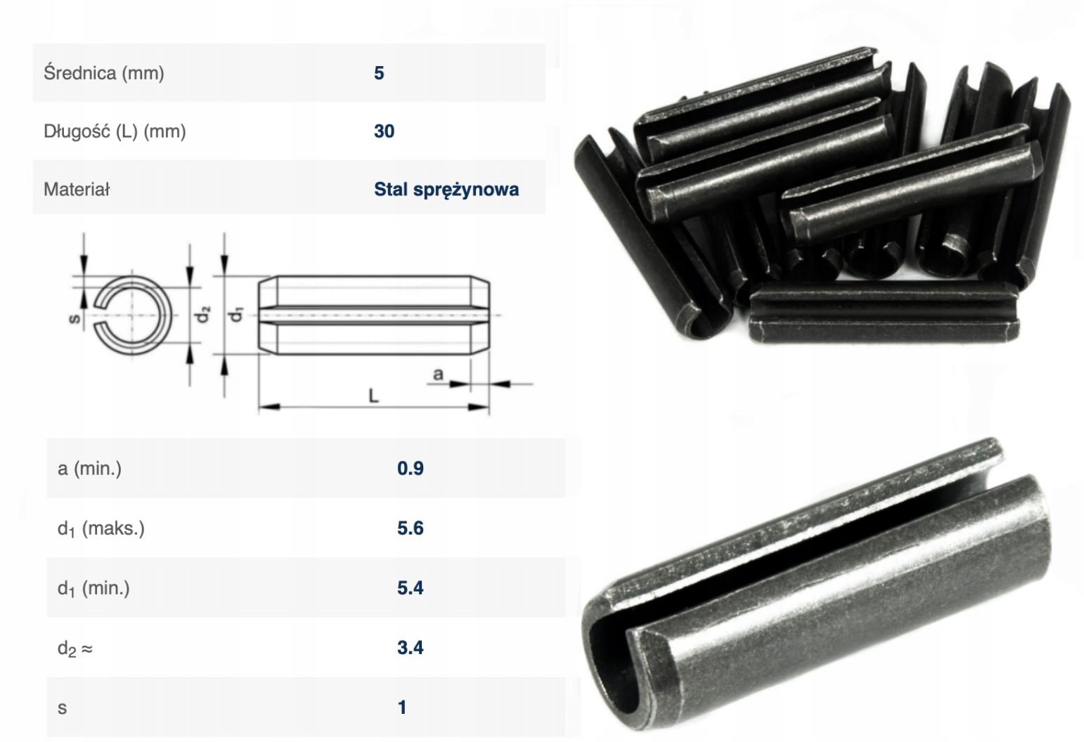 Kołek sprężysty DIN 1481 CZ 5.0x30mm 100szt Marka Import