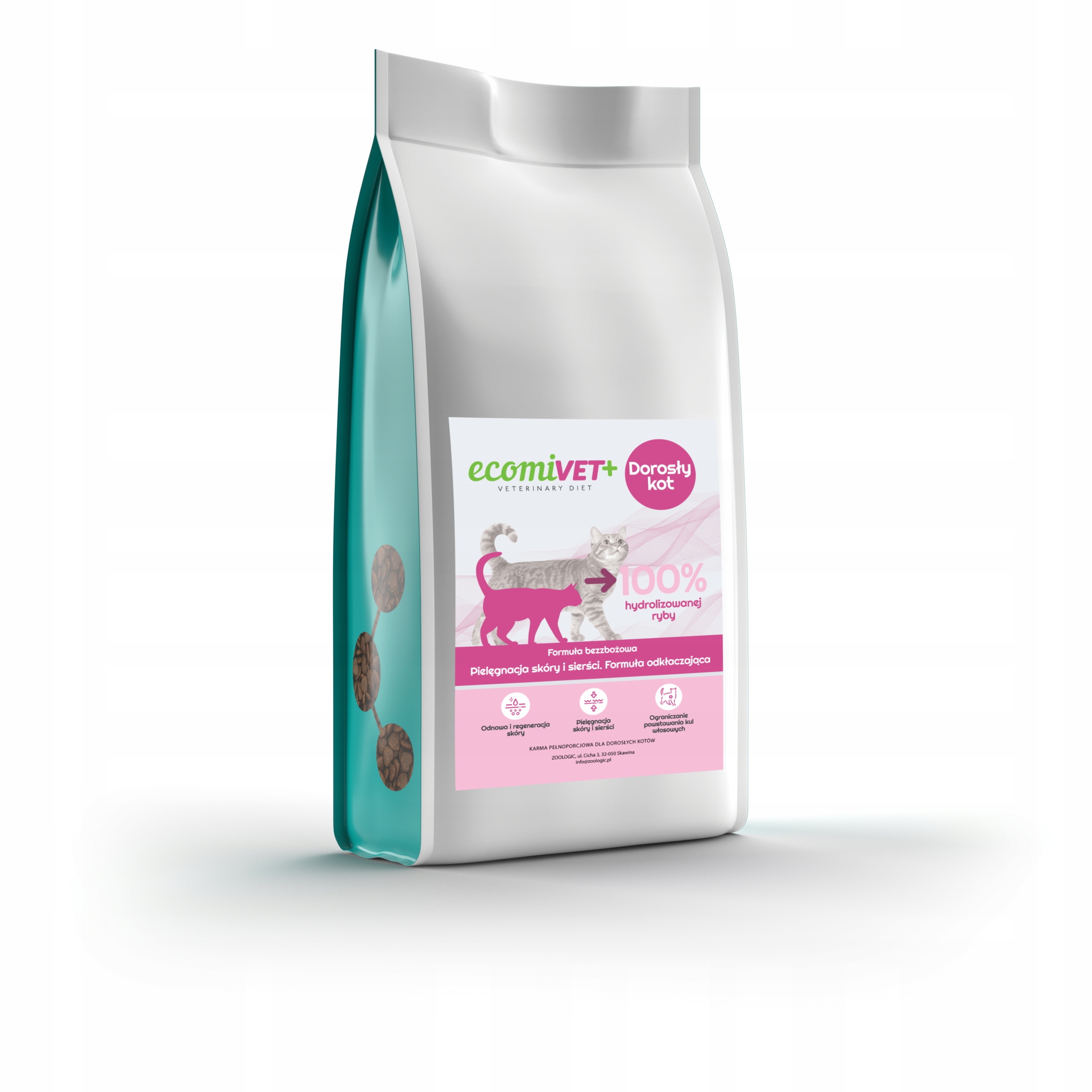 ecomiVET+ Kůže A Srst 1,5 kg dieta bez obilovin Kočky 100% hydrolyzát Losos