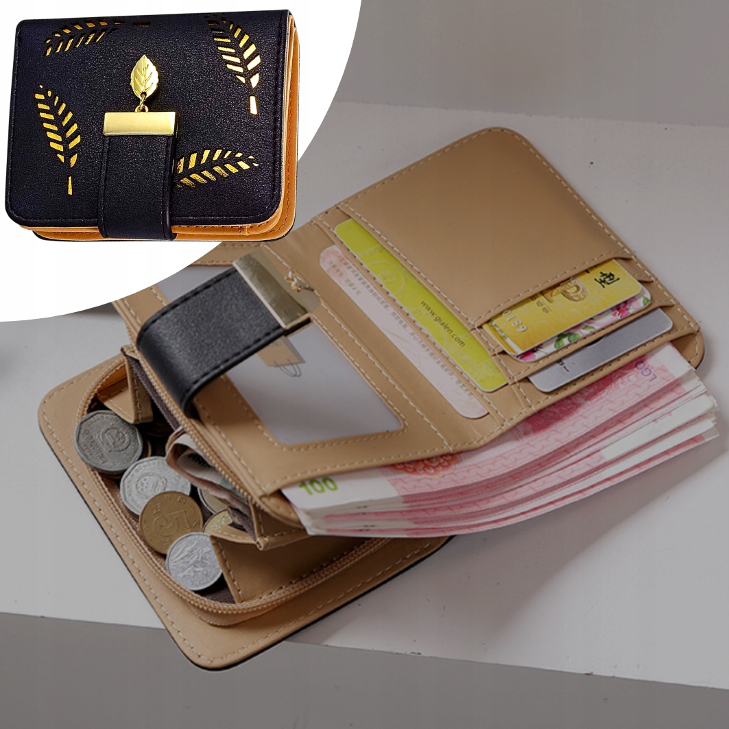 PORTFEL DAMSKI PORTMONETKA NA ZATRZASK CZARNY MAŁY LISTKI 3 PRZEGRODY PREZE Kolekcja PORTFEL PORTMONETKA DAMSKA