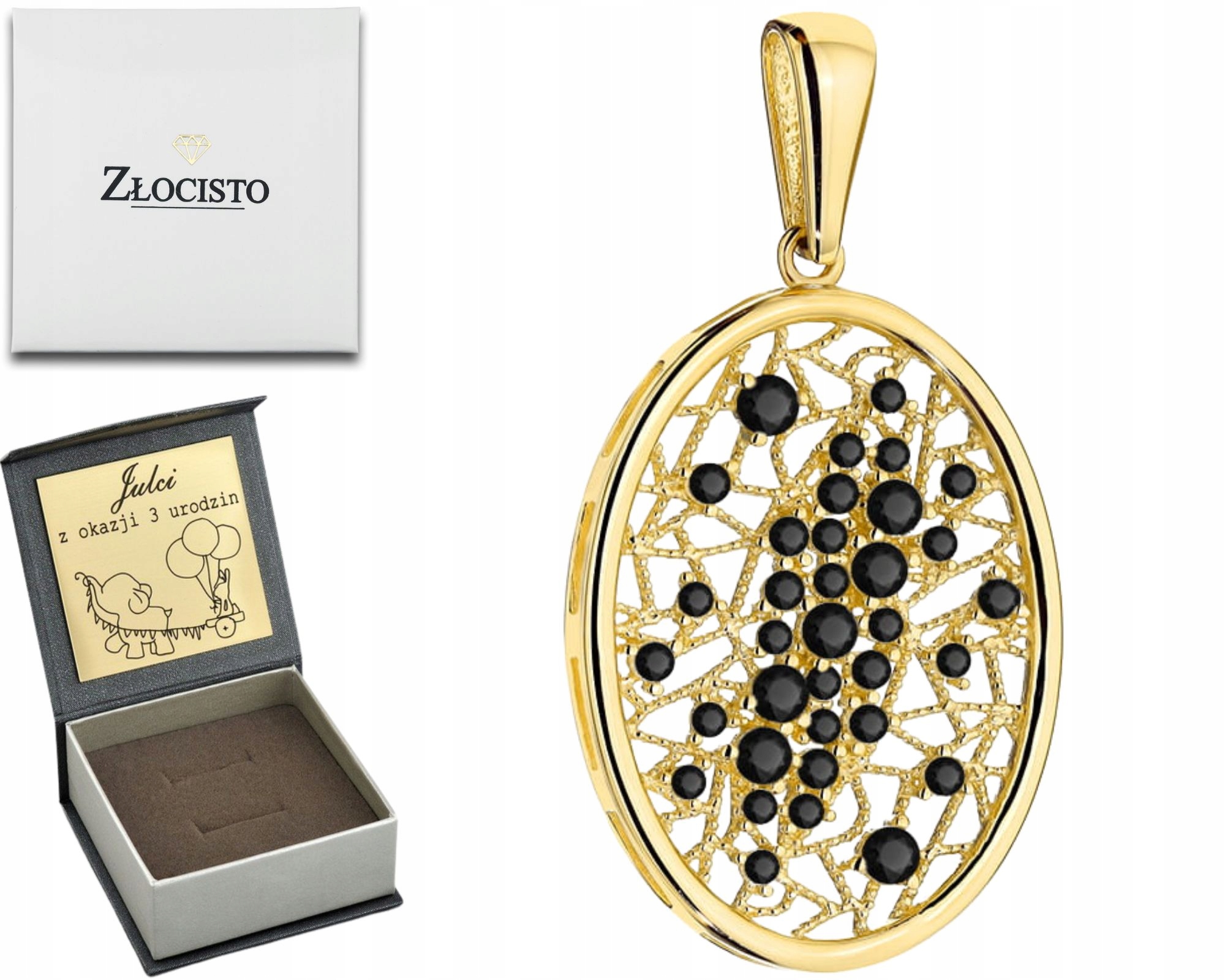 Oválný Přívěsek O Ryzosti 585, Ažurové Černé Kameny, Zlato, 585 Dárek