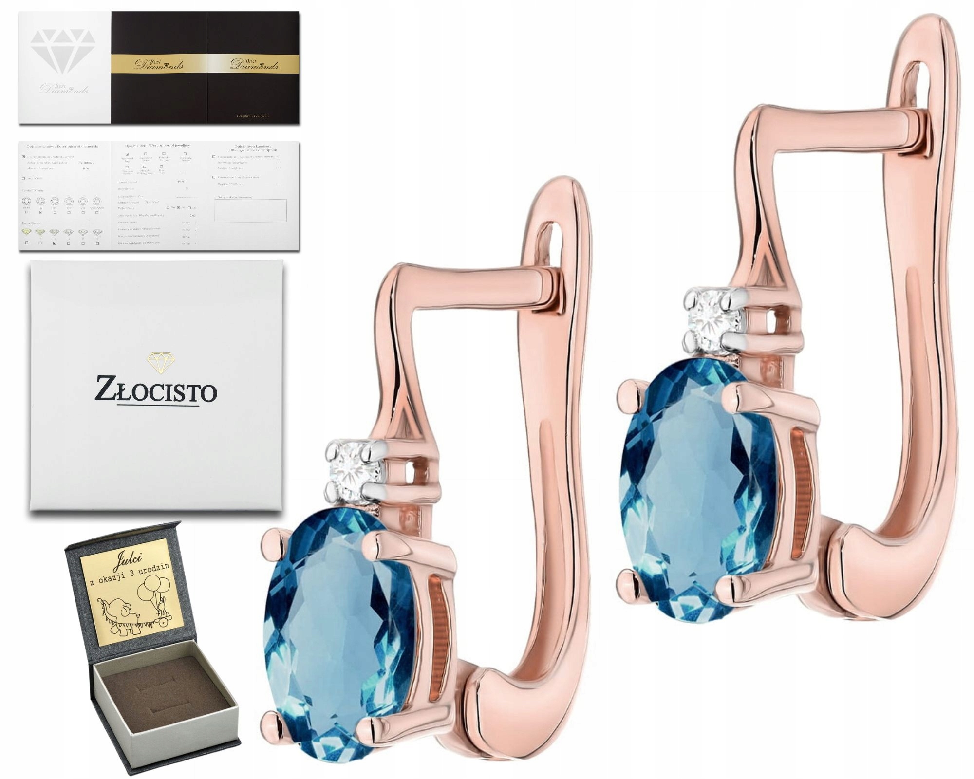 Náušnice Z Růžového Zlata S Diamantem A Topazem London Blue Zlato 585