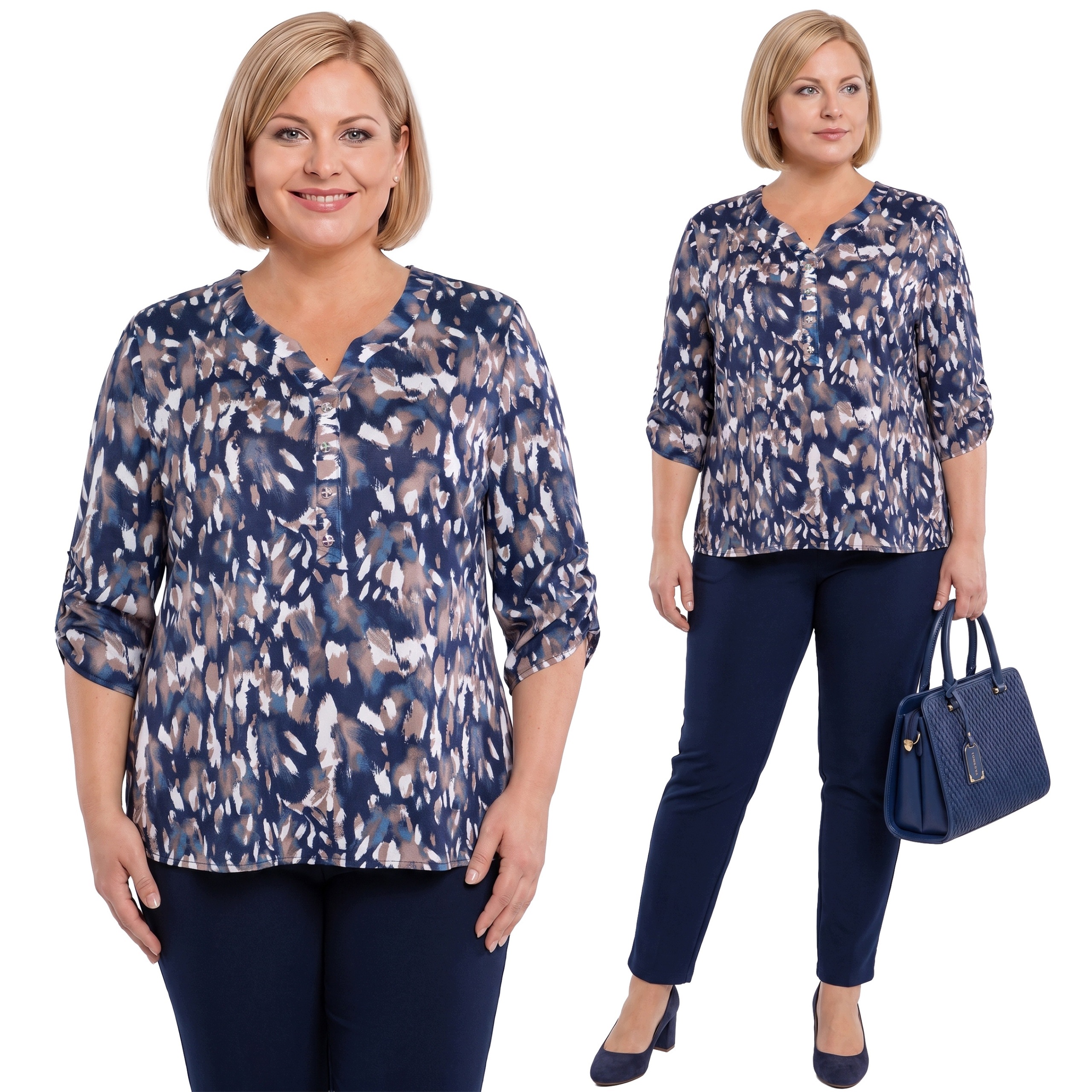 Teplá tmavě modrá halenka s hnědými vzory plus size velikost 56