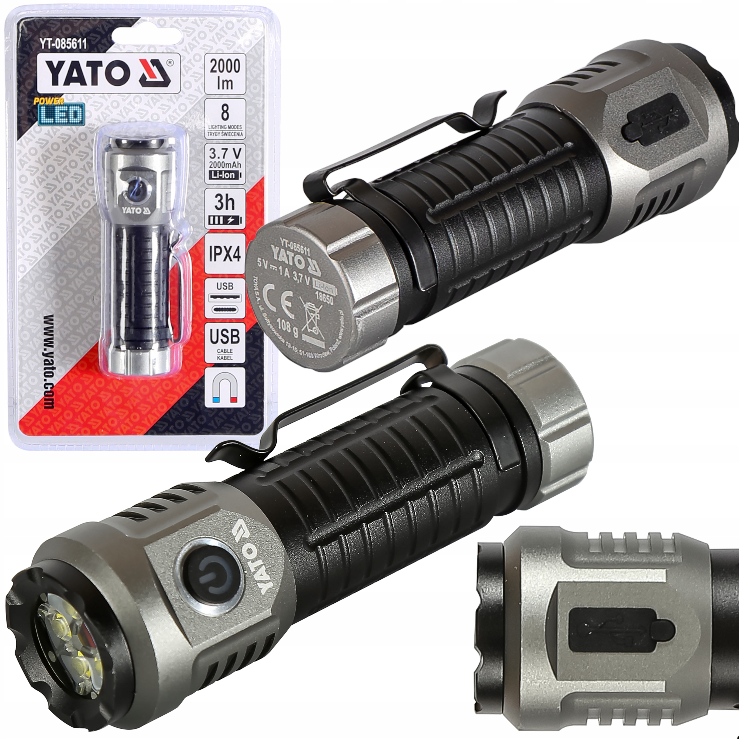 Latarka Akumulatorowa Yato Power Led 20W 2000LM 8 Trybów Aluminiowa Obudowa