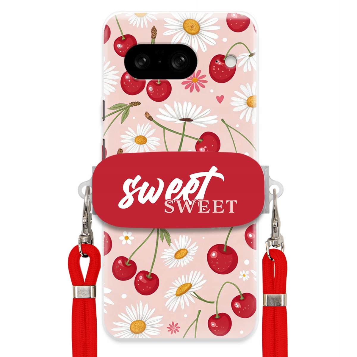 Pouzdro pro Google Pixel 8 Červené vodítko držák Crossbody Sweet Višňový Květ