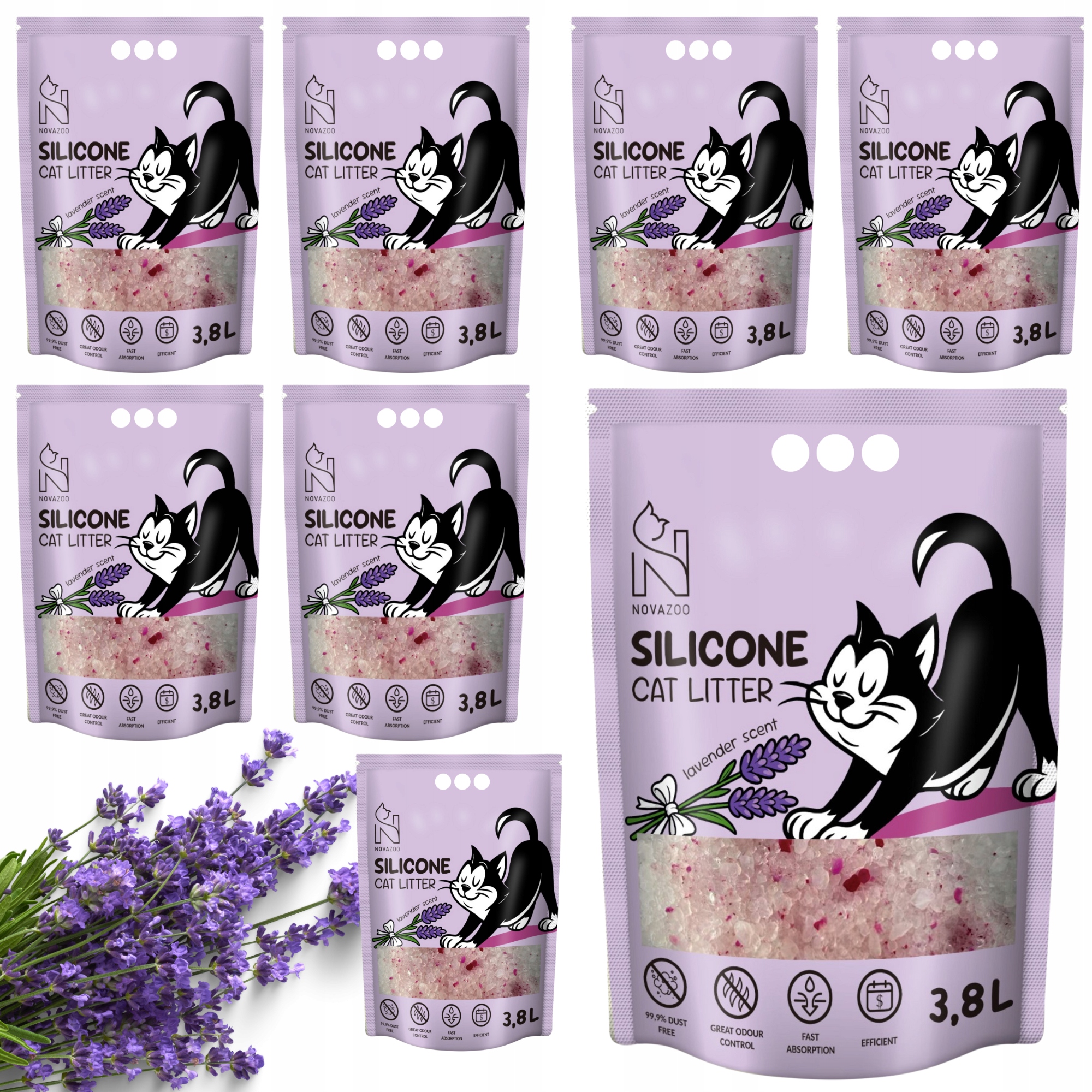 8x Novazoo Silikonové stelivo Levandulový Bezprašný štěrk Premium Pro Kočky 3.8L