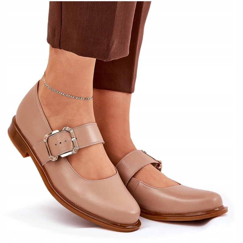 Dámské Polobotky Kožené Spona Plochý Podpatek Laura Messi 2980 Tmavě Béžová 37