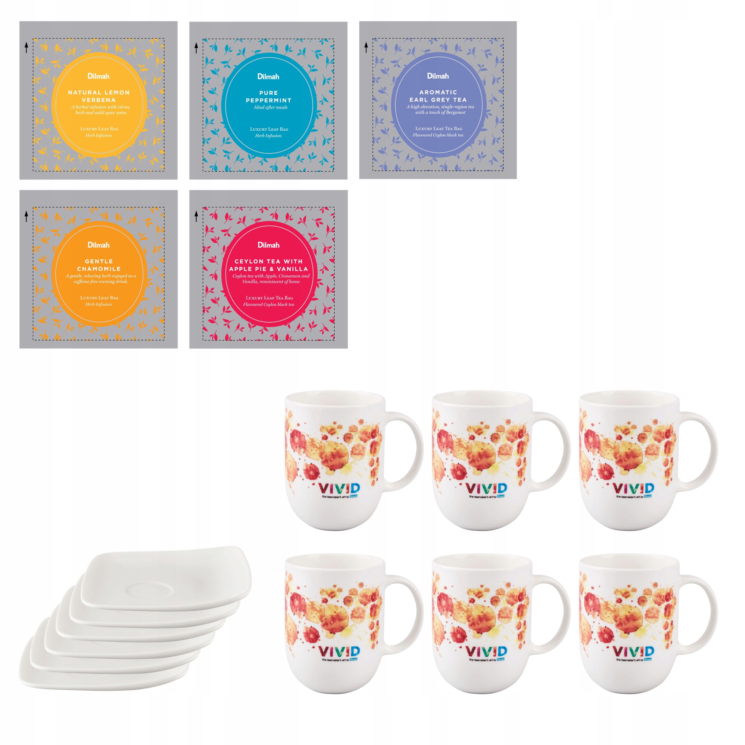 Zestaw Herbat Dilmah Vivid 5 Smaków 6 Kubków Porcelanowych ze Spodkiem