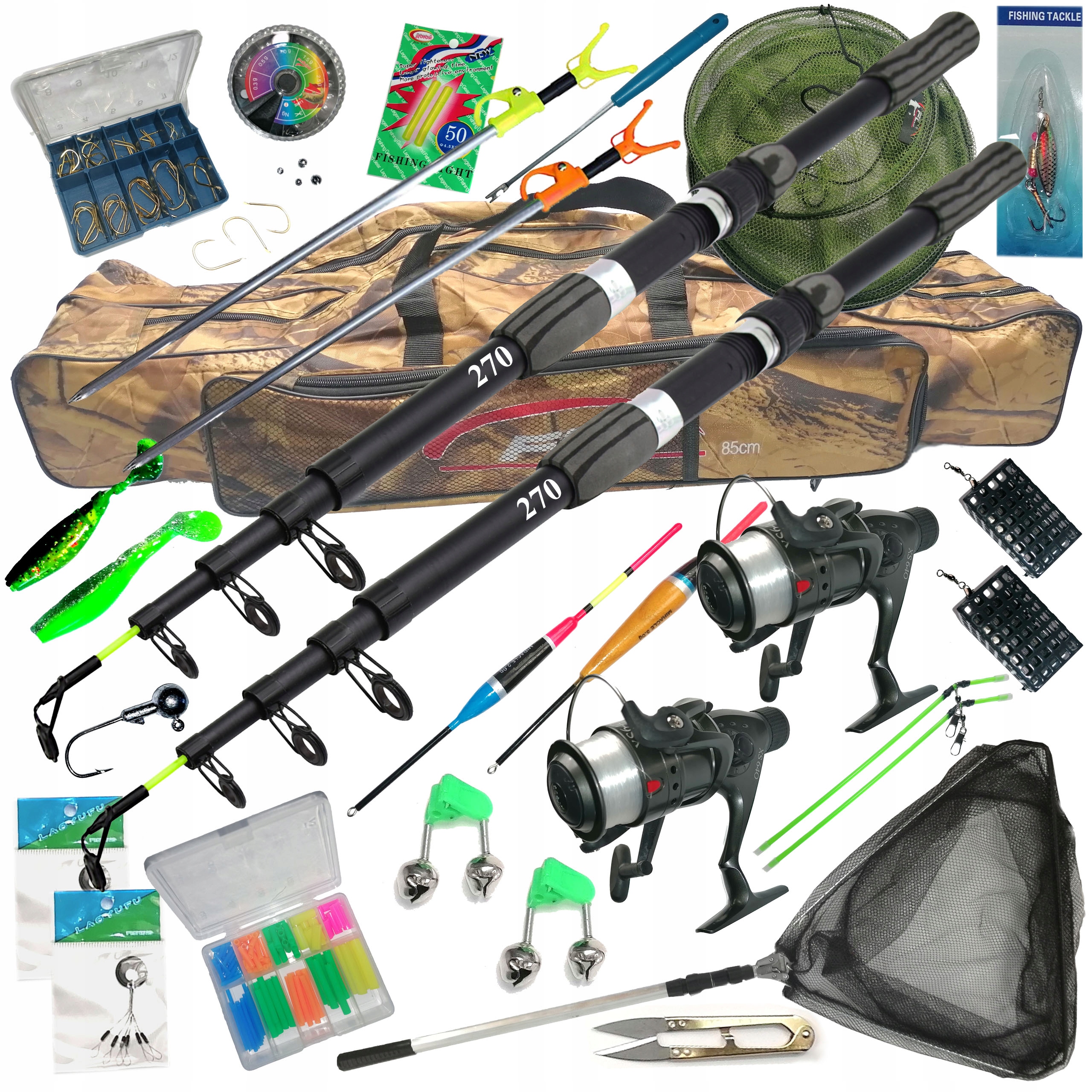 Rybářská sada 2 rybářských prutů Travel 270 navijáky s vlascem pouzdro podběrák