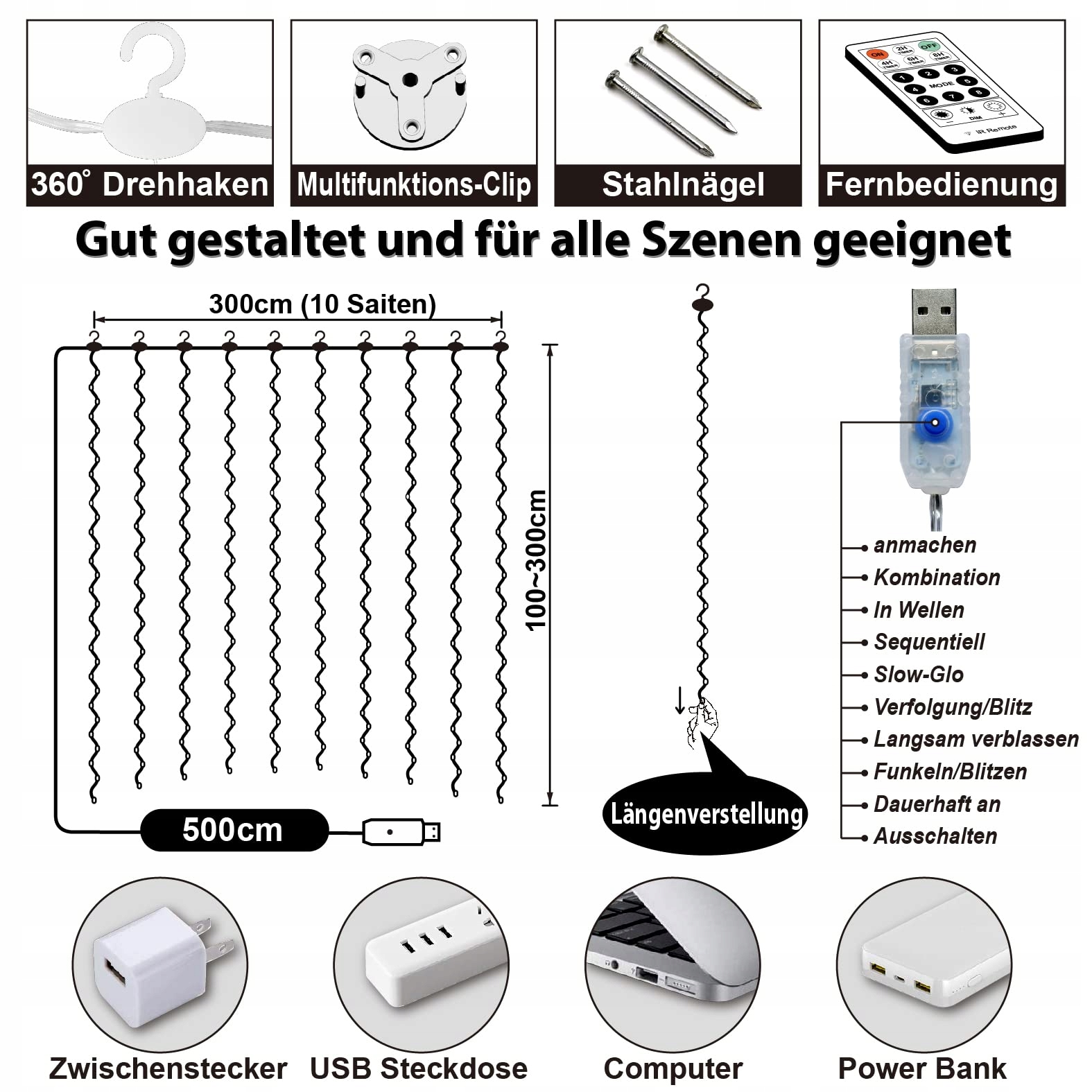 HXWEIYE KURTYNA ŚWIETLNA GIRLANDA DEKORACYJNA LAMPKI BIAŁE 300LED USB 3x3m — miniatura 5