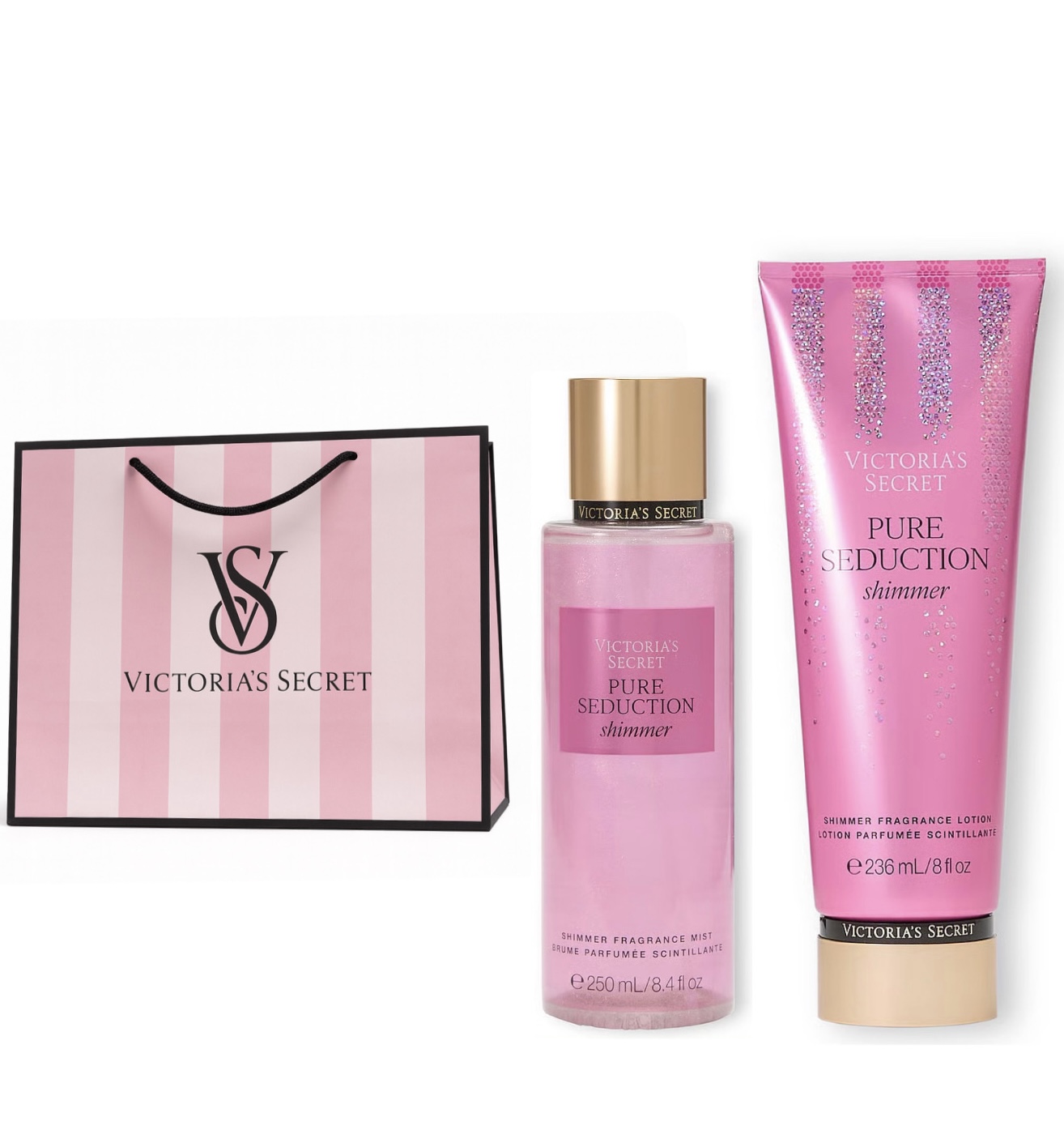 Zestaw Victoria's Secret Pure Seduction Shimmer balsam mgiełka torebka