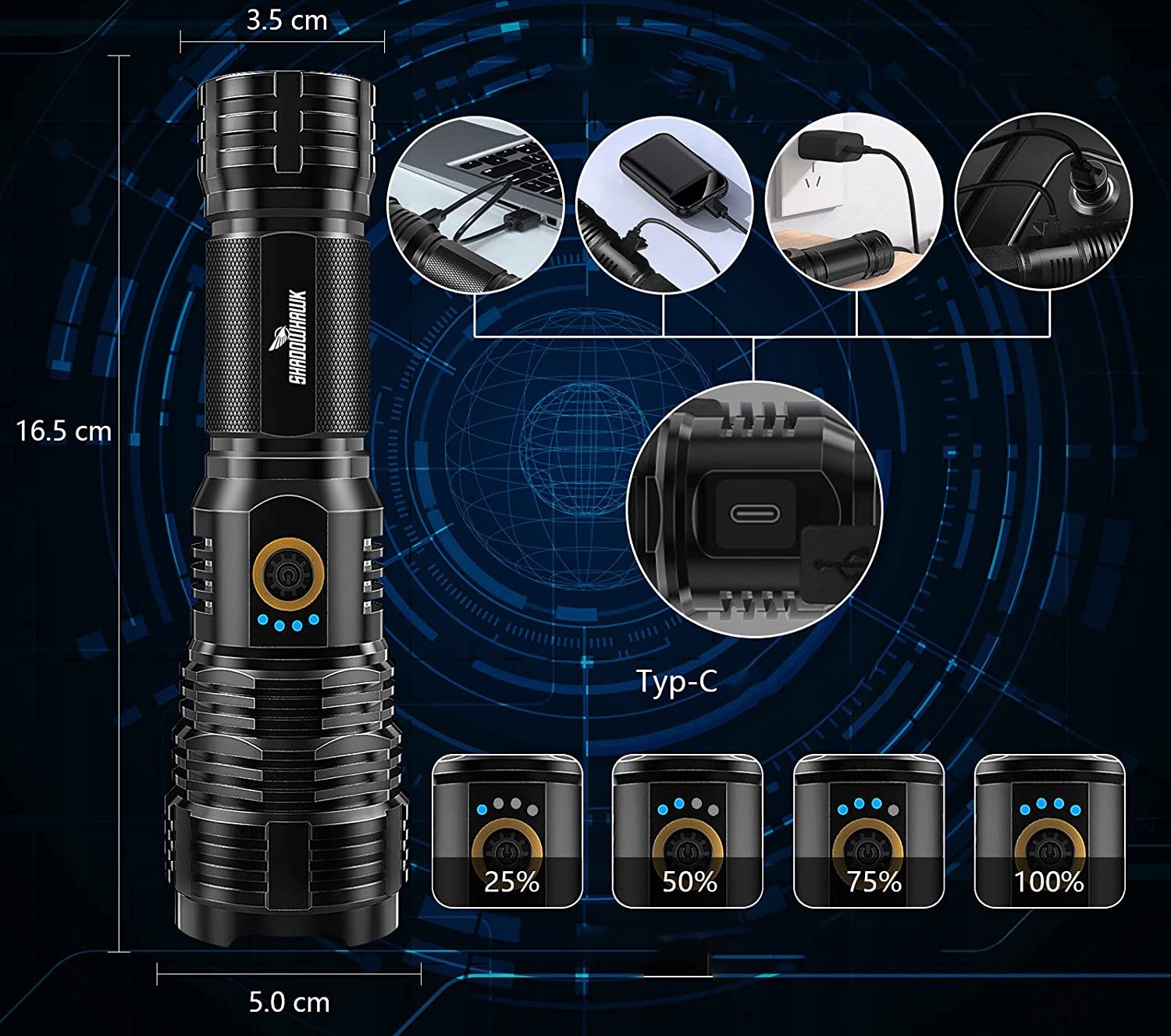 ВОЕННЫЙ ТАКТИЧЕСКИЙ СВЕТОДИОДНЫЙ ФОНАРИК 10000 ЛЮМЕН USB-C купить на ...