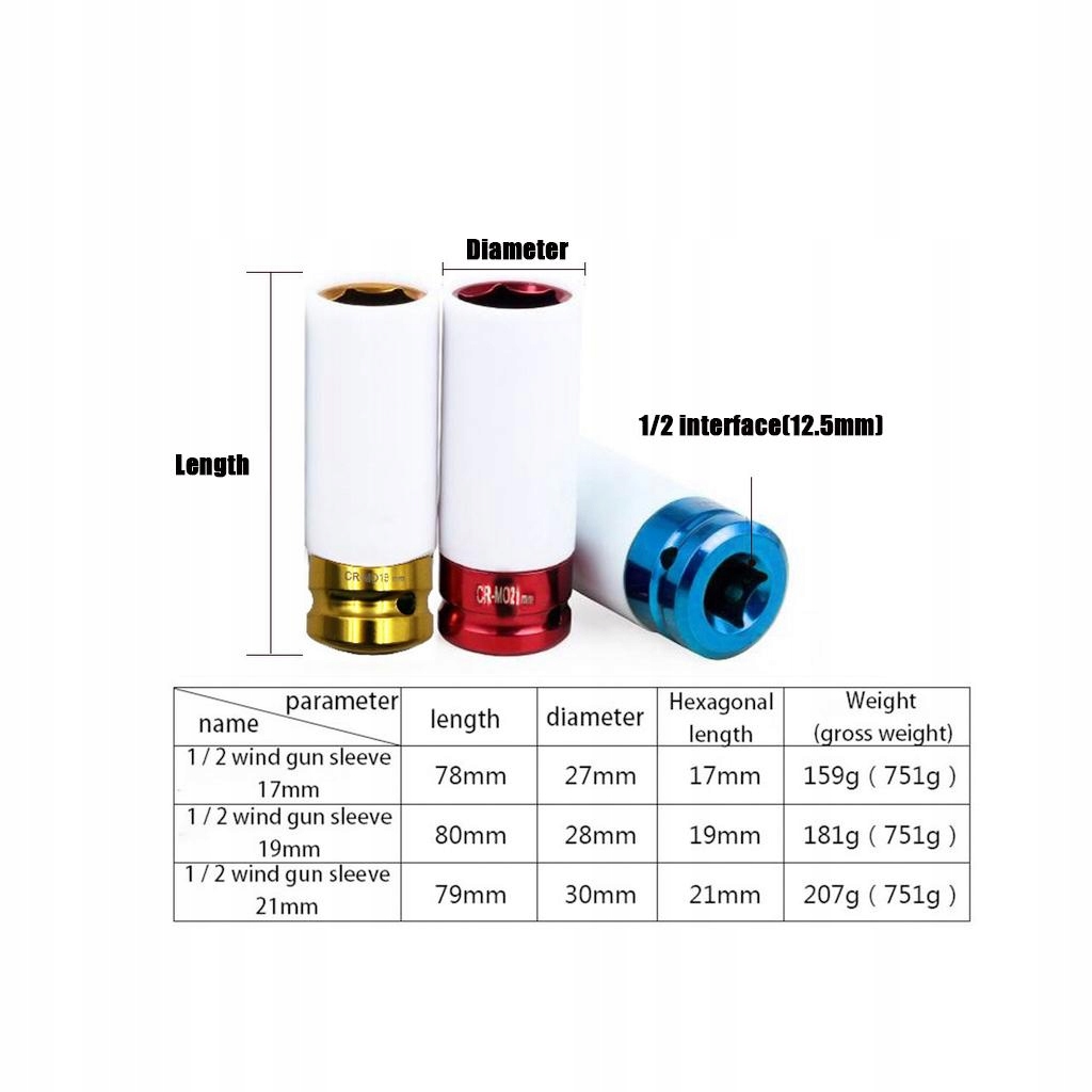 3Pcs 1/2\" Drive Thin Wall Socket Set Sleeve Lug Marka bez marki