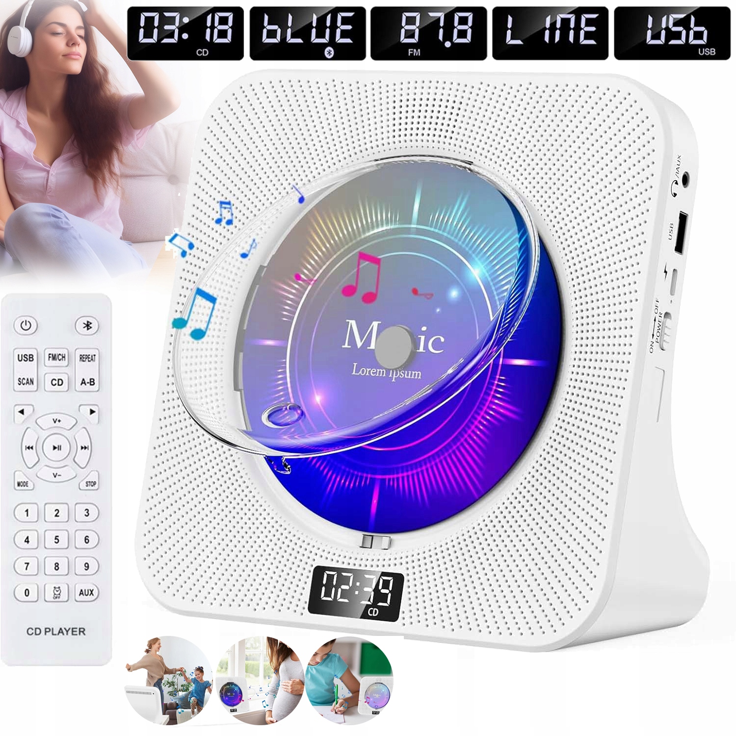Odtwarzacz CD Przenośny Bluetooth Aux Głośniki, Radio Fm, Hi-fi Z LCD