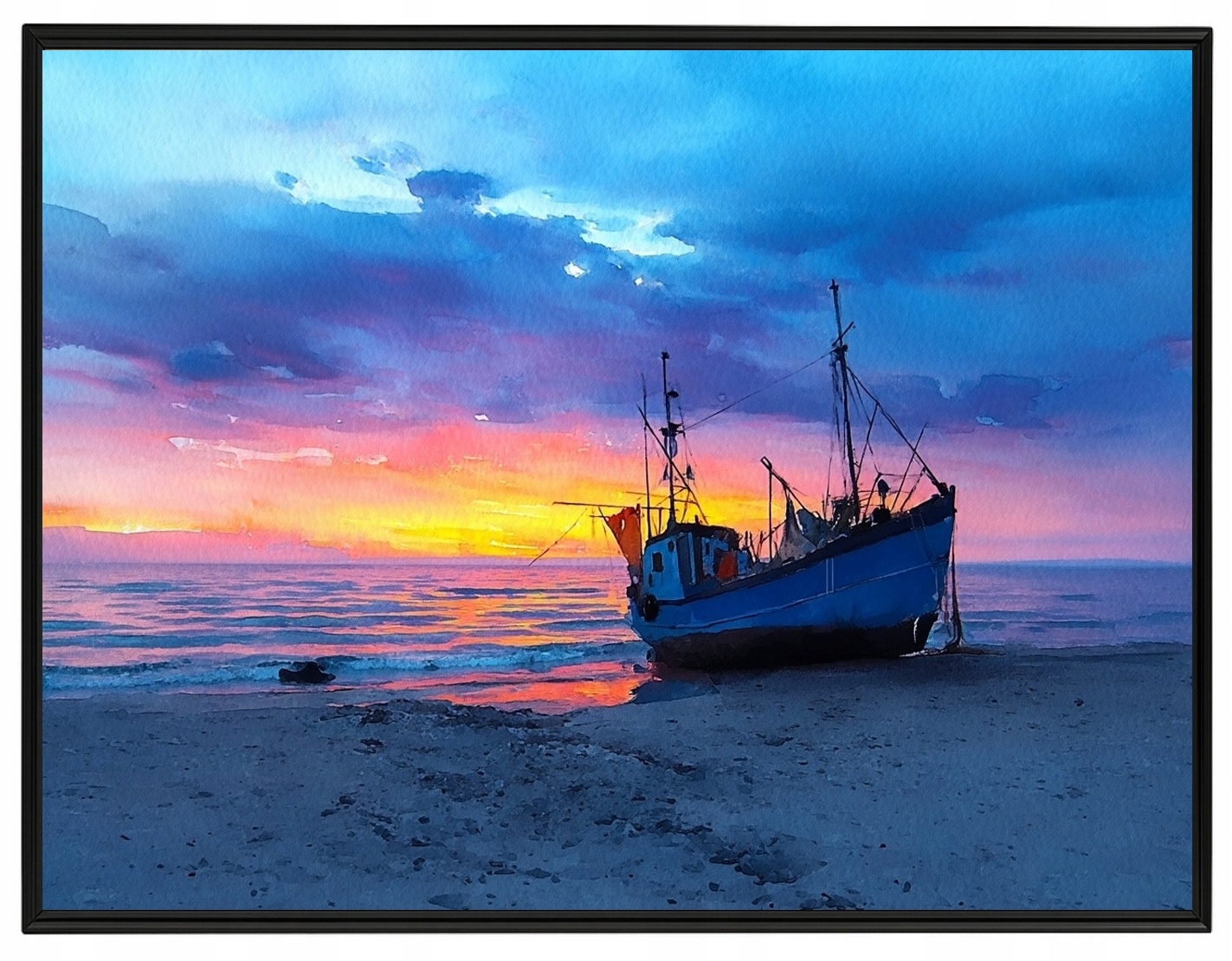 Plakát Rámeček Aluminium Krajina Moře Pláž Loď Kuter Slunce Západ 80x60
