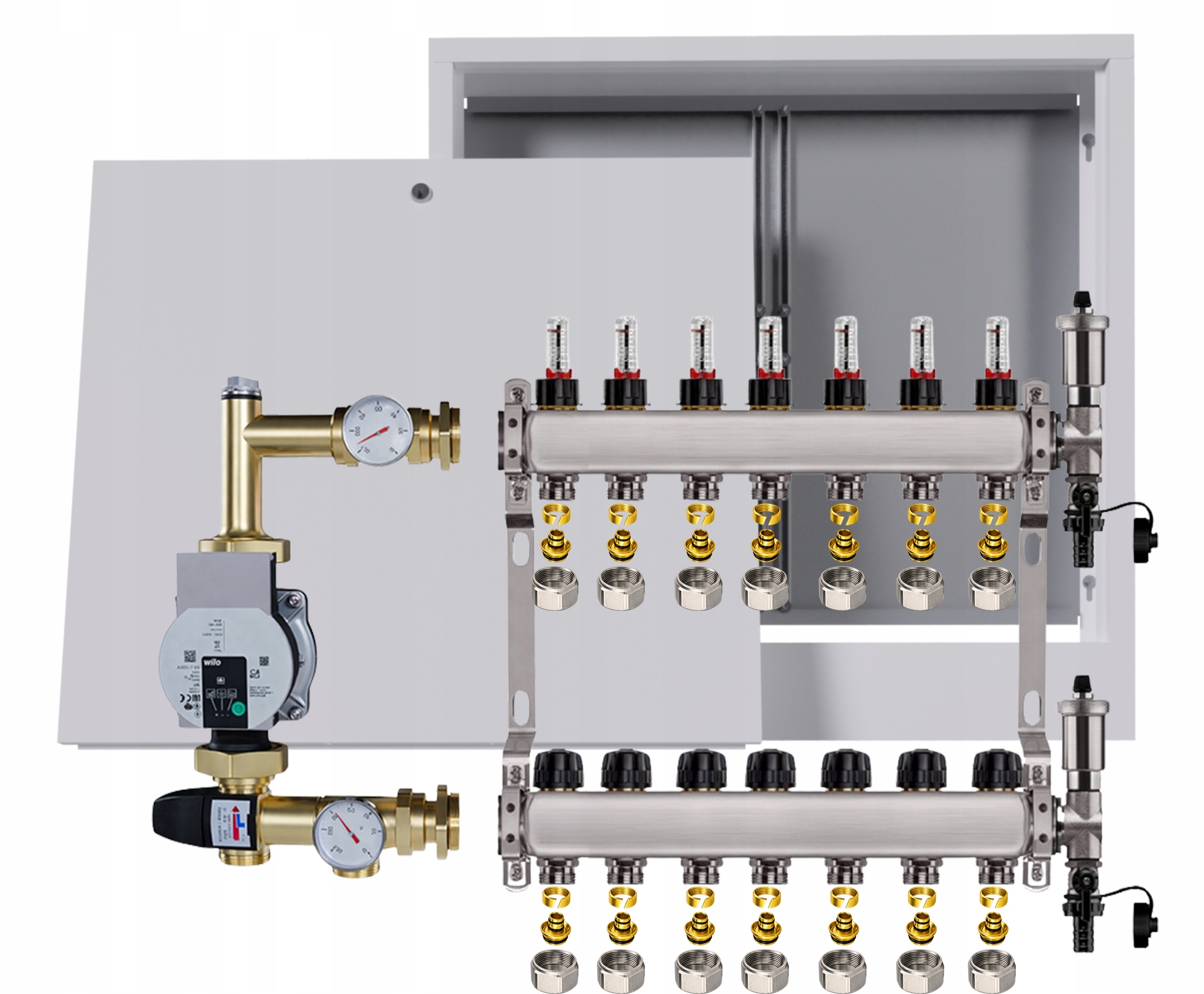 Rozdělovač pro podlahu Nerezový 7 s boxem Čerpadlo Wilo Spojky