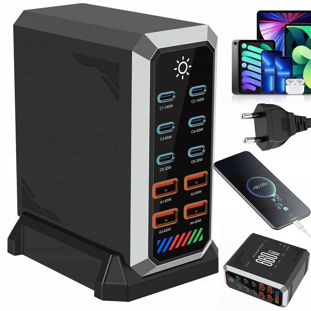 Rýchlonabíjacia stanica 10 v 1 Usb C Usb A, 660 W GaN, pre telefón