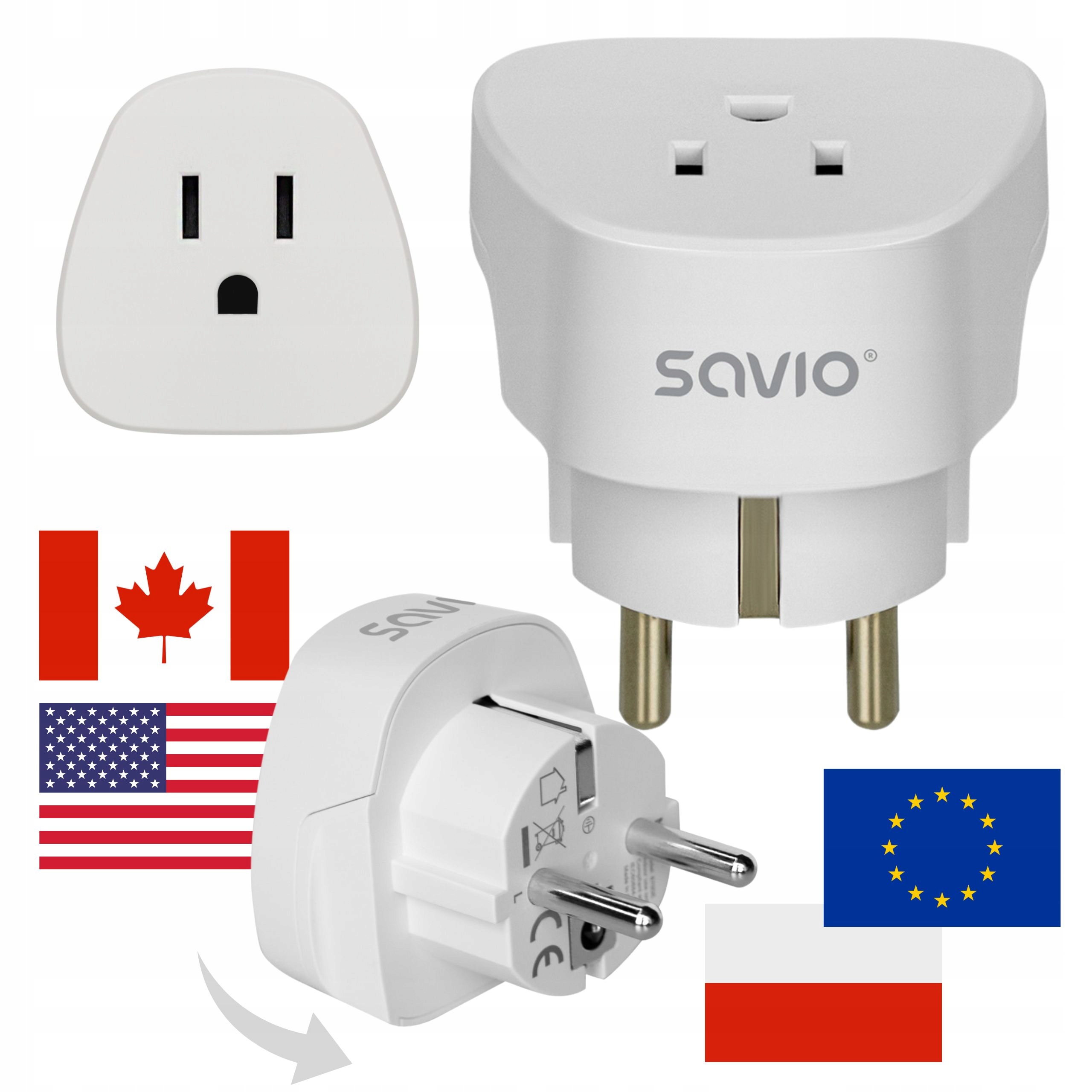 Adapter podróżny Przejciówka Usa na Eu Gniazdo Us Wtyczka Eu Pl Savio AP-01