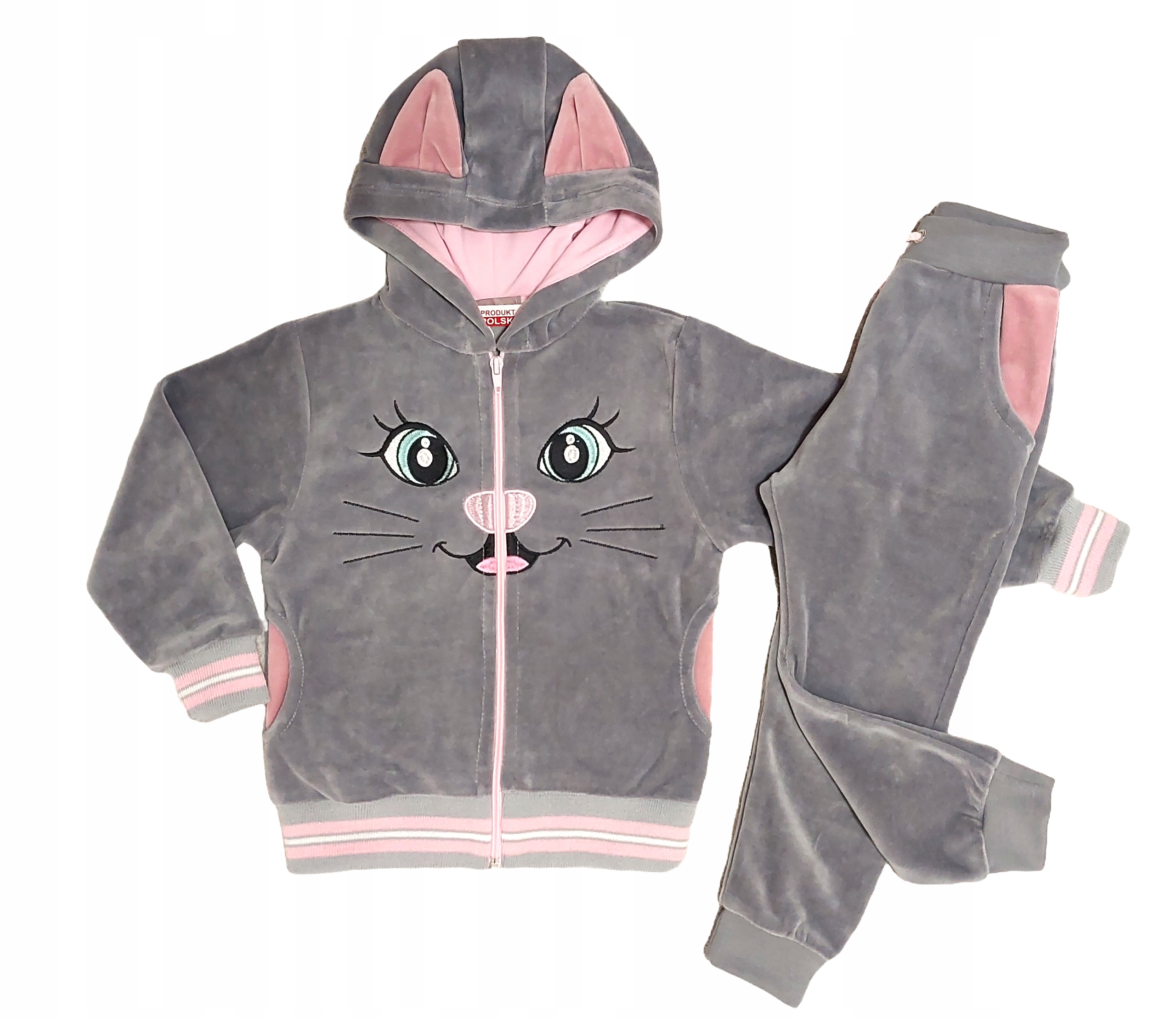 WELUROWY dres dla DZIEWCZYNKI z kotkiem REVAJ 122 SZARY PL