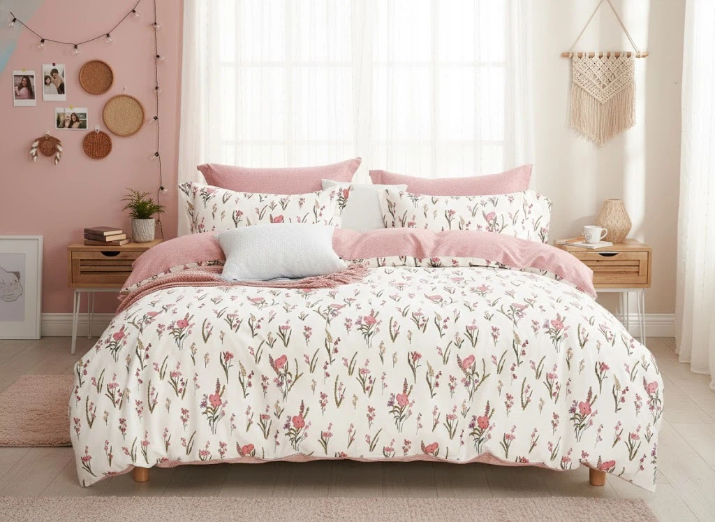 3dílná sada povlečení na peřinu s motivem růžové květinové zahrady, 100% bavlna, moderní ložnice, 160×200