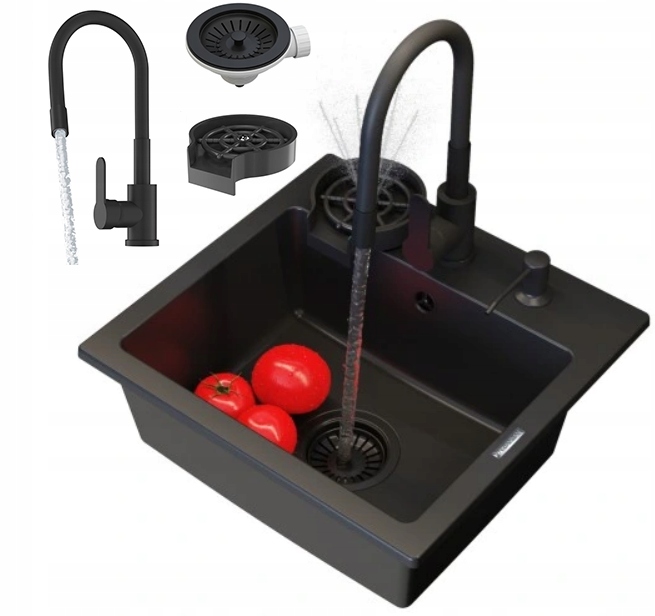 Granitový Drez Teor Čierny Batéria Dávkovač Umývačka Kuchynská Súprava