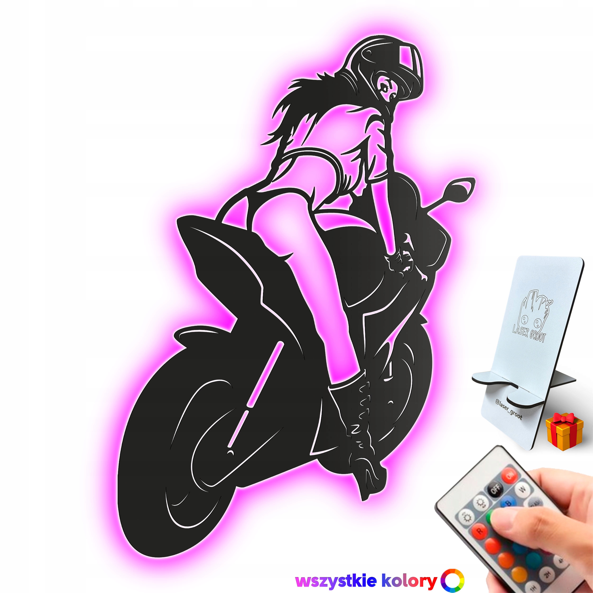 Drevený obraz Dievča na motorke Nástenný darček Nočná lampa Led XL