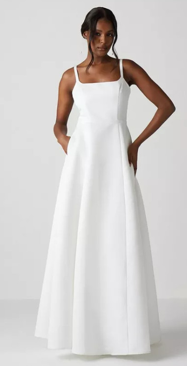 Biała Suknia Ślubna Ramiączka Rozkloszowana Klasyczna Gładka Coast 38