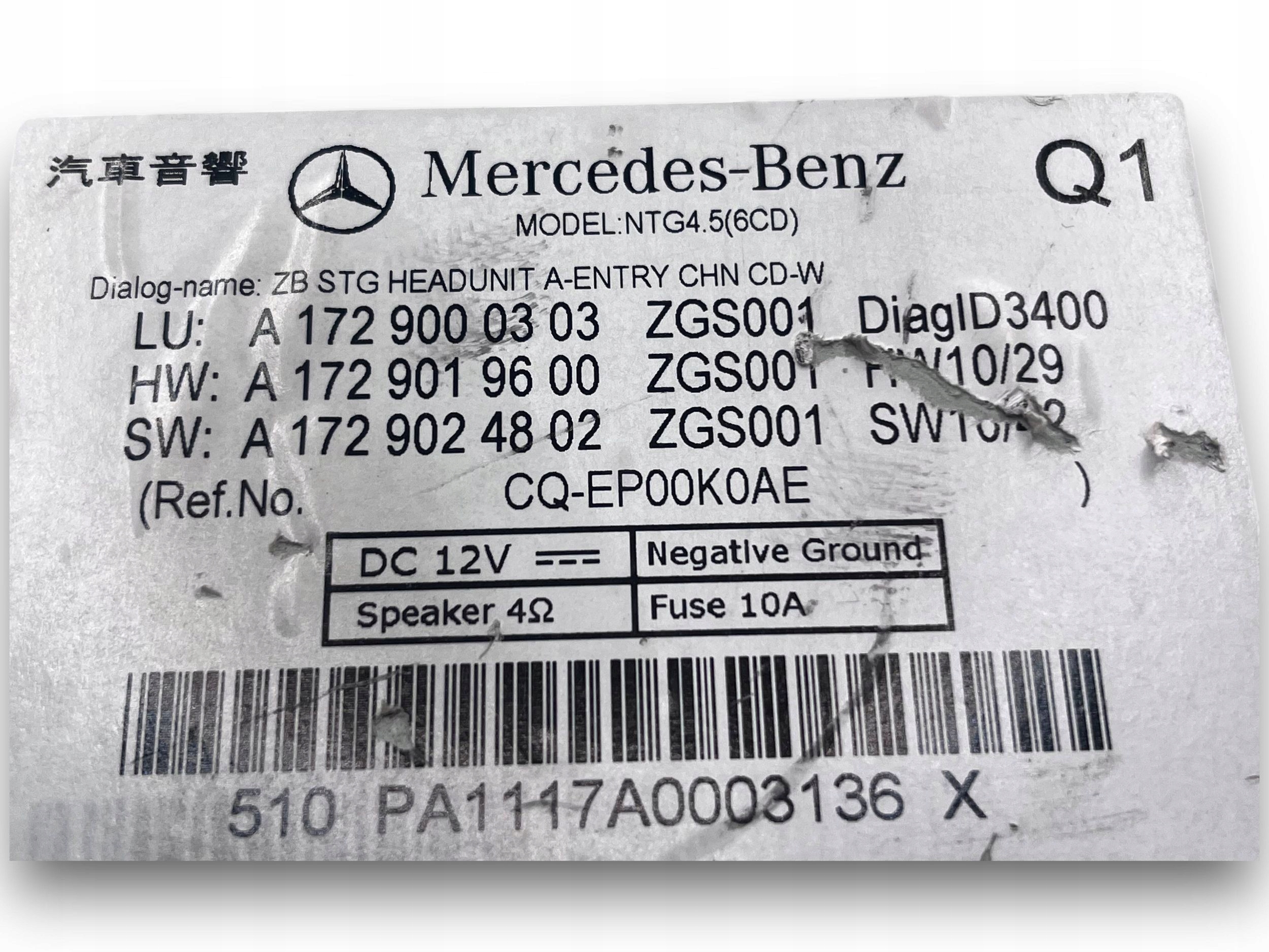 Mercedes-Benz CLA117 W117 COMMAND NTG4.5 A1729000303 $J